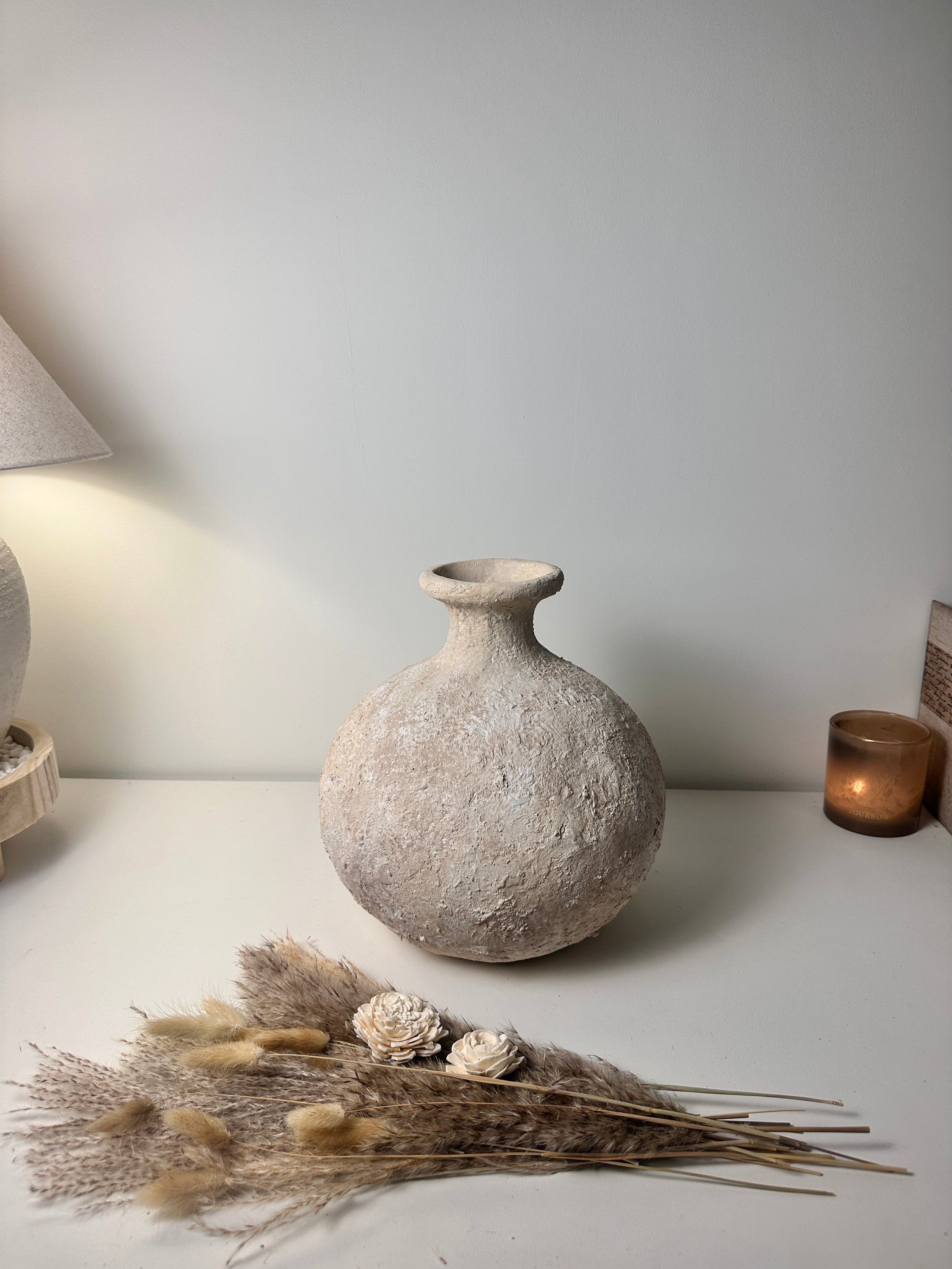 Rustic Hand-Painted Ceramic Round Bottle Vase 12" tall - Cream Sand Wash