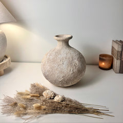 Rustic Hand-Painted Ceramic Round Bottle Vase 12" tall - Cream Sand Wash
