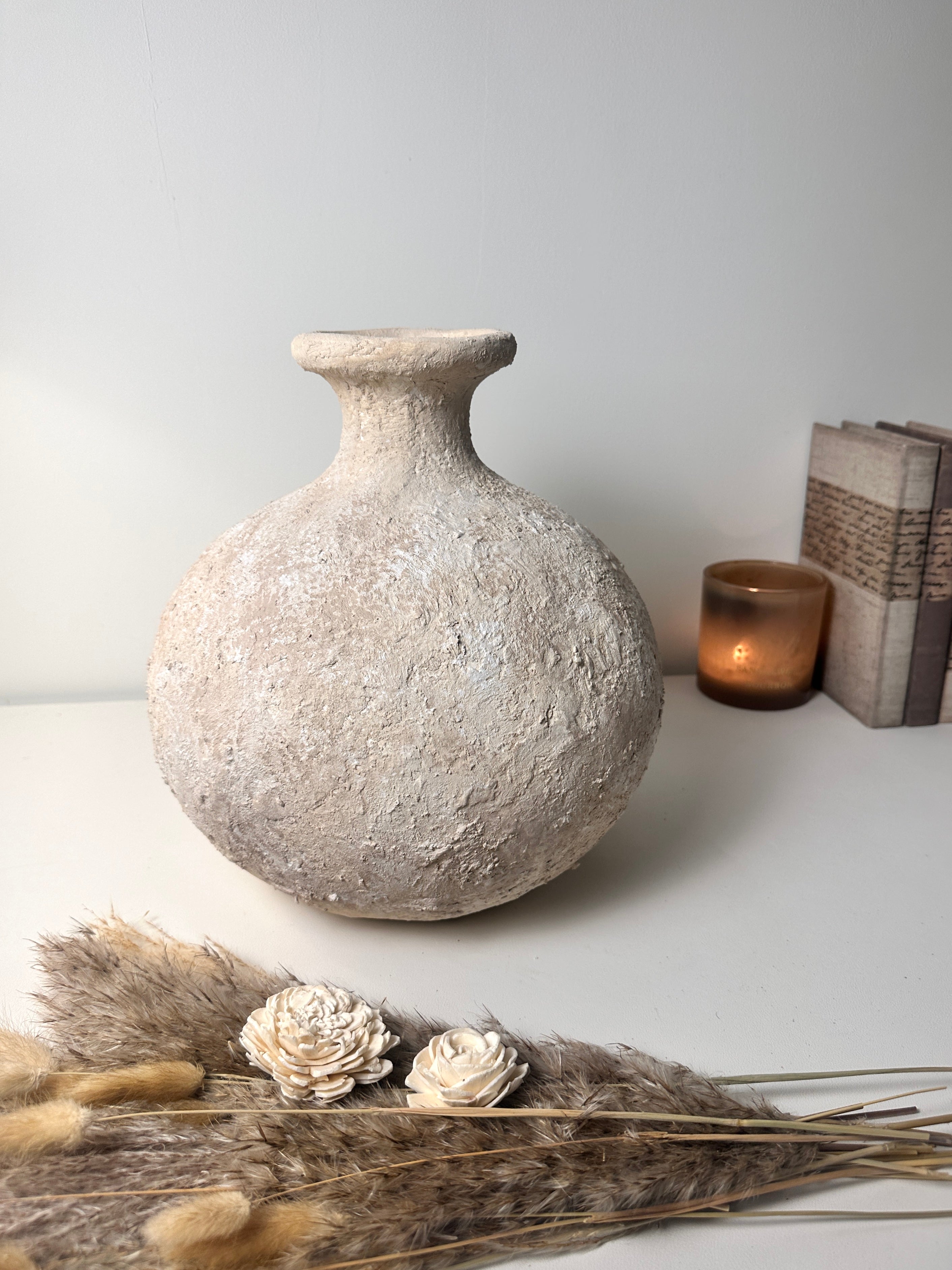 Rustic Hand-Painted Ceramic Round Bottle Vase 12" tall - Cream Sand Wash