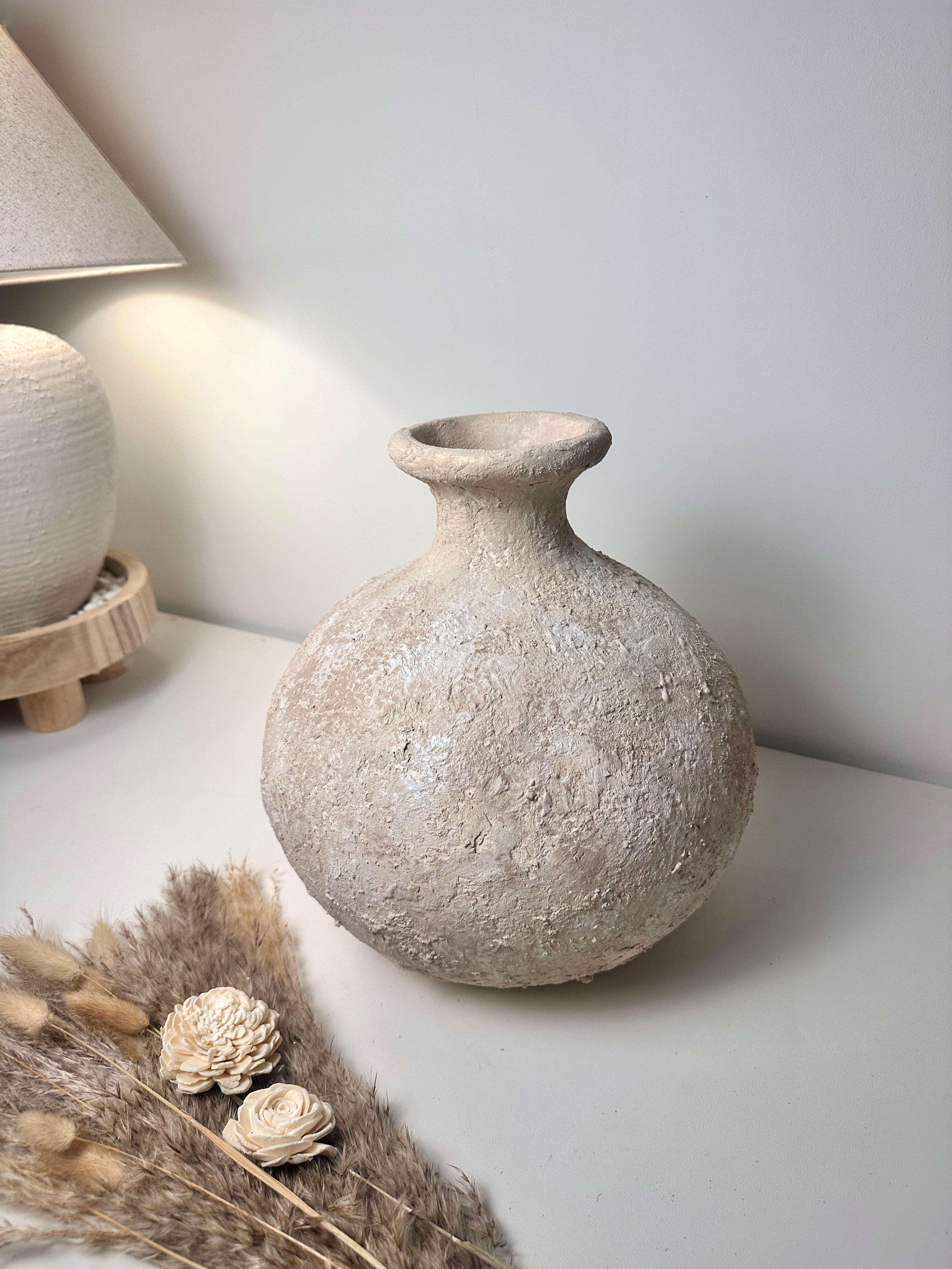 Rustic Hand-Painted Ceramic Round Bottle Vase 12" tall - Cream Sand Wash