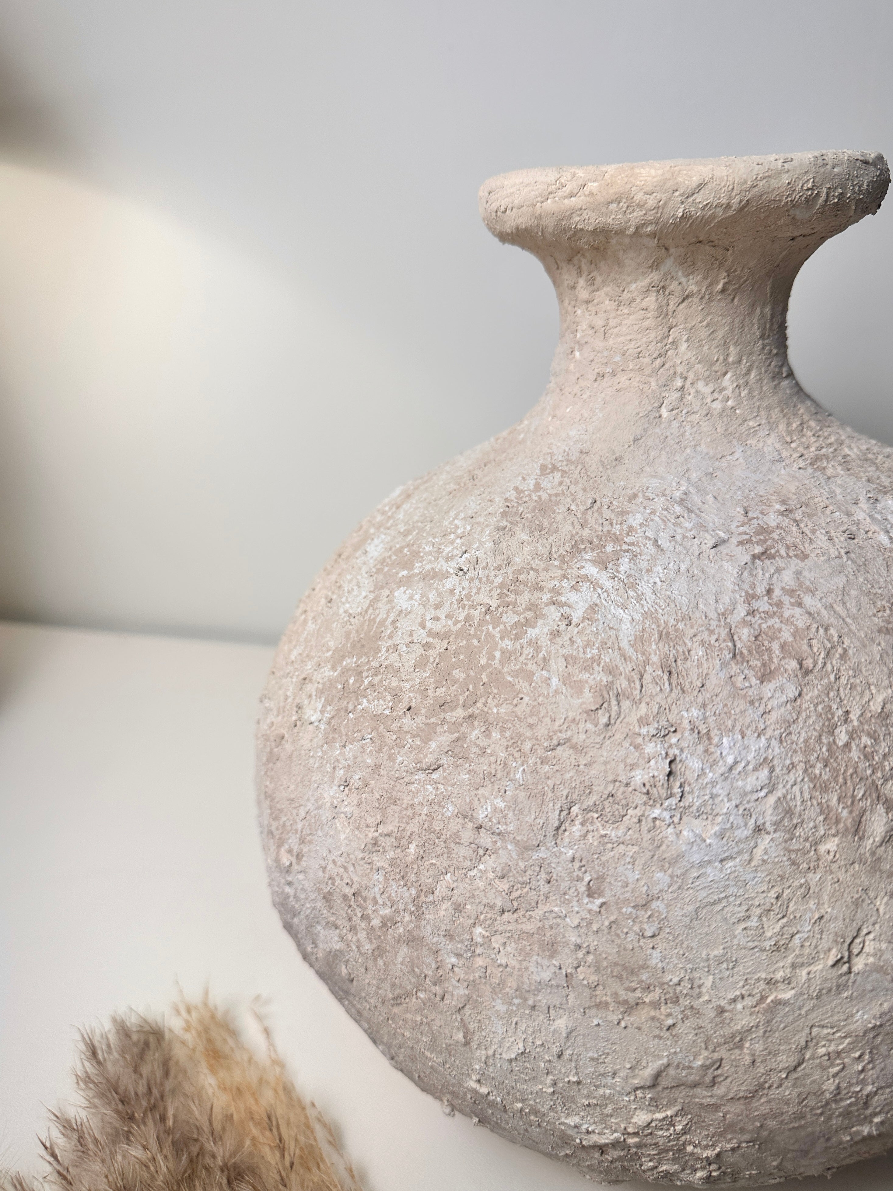 Rustic Hand-Painted Ceramic Round Bottle Vase 12" tall - Cream Sand Wash