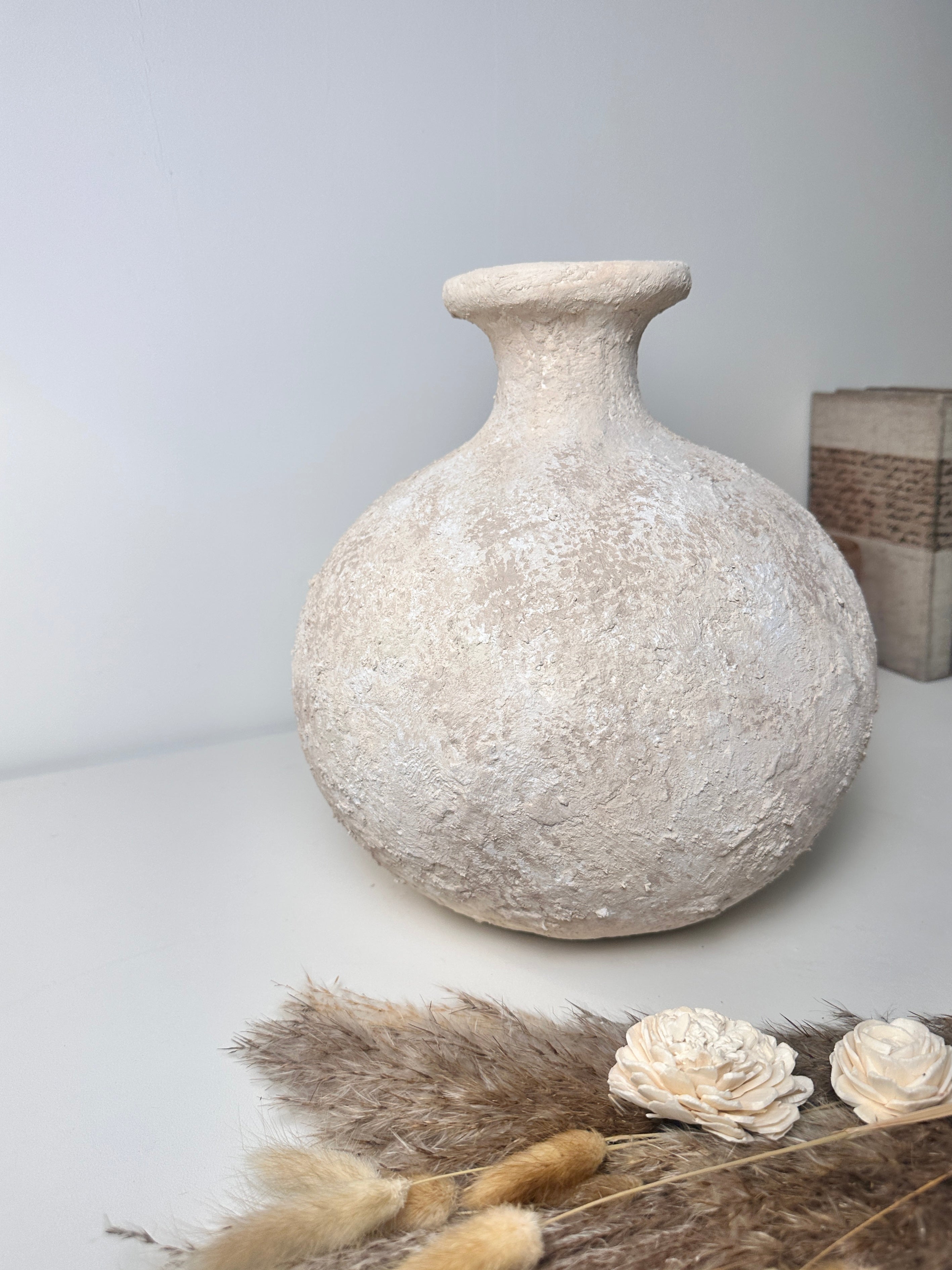 Rustic Hand-Painted Ceramic Round Bottle Vase 12" tall - Cream Sand Wash
