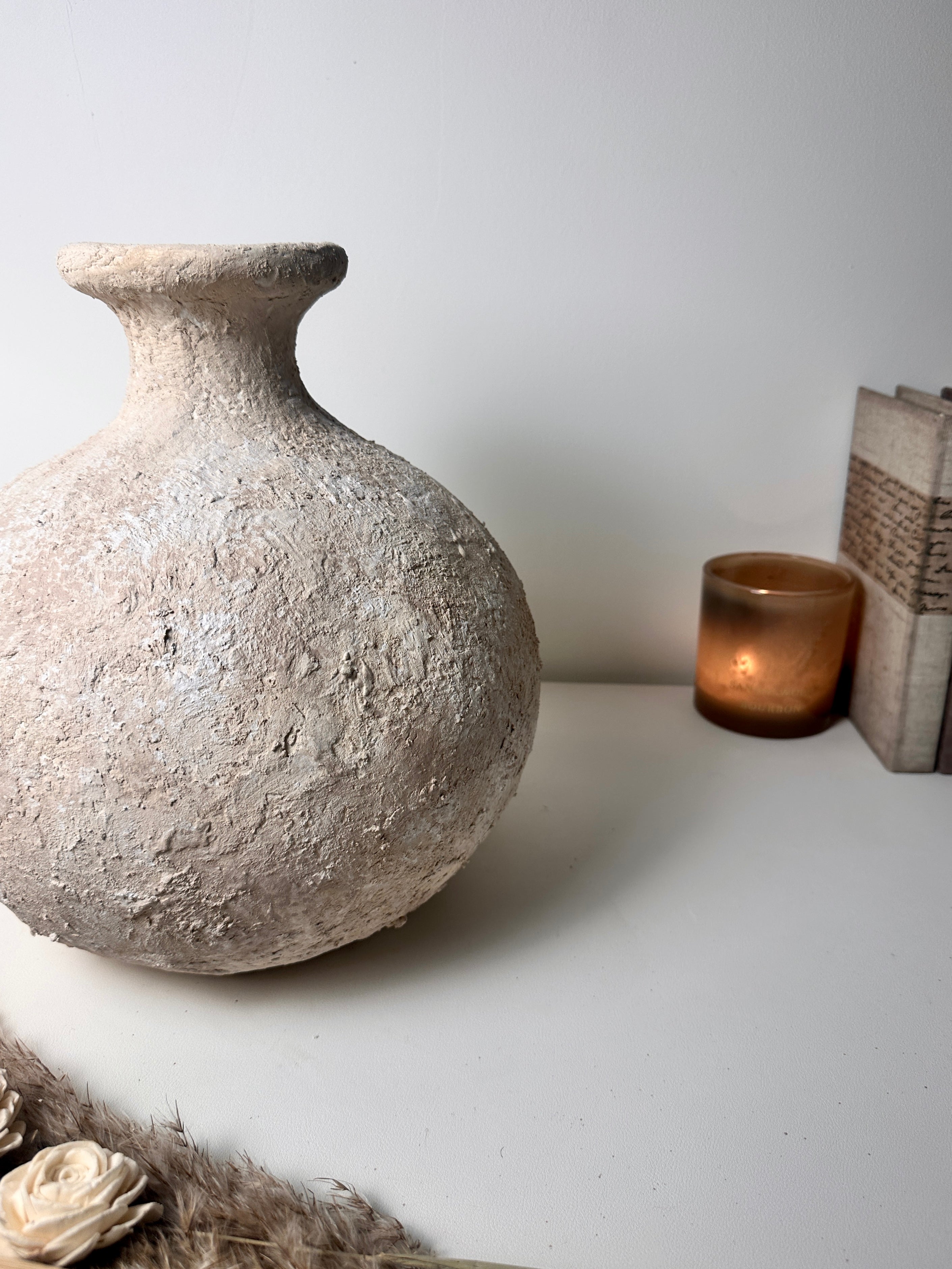 Rustic Hand-Painted Ceramic Round Bottle Vase 12" tall - Cream Sand Wash