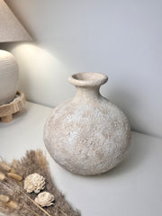 Rustic Hand-Painted Ceramic Round Bottle Vase 12" tall - Cream Sand Wash