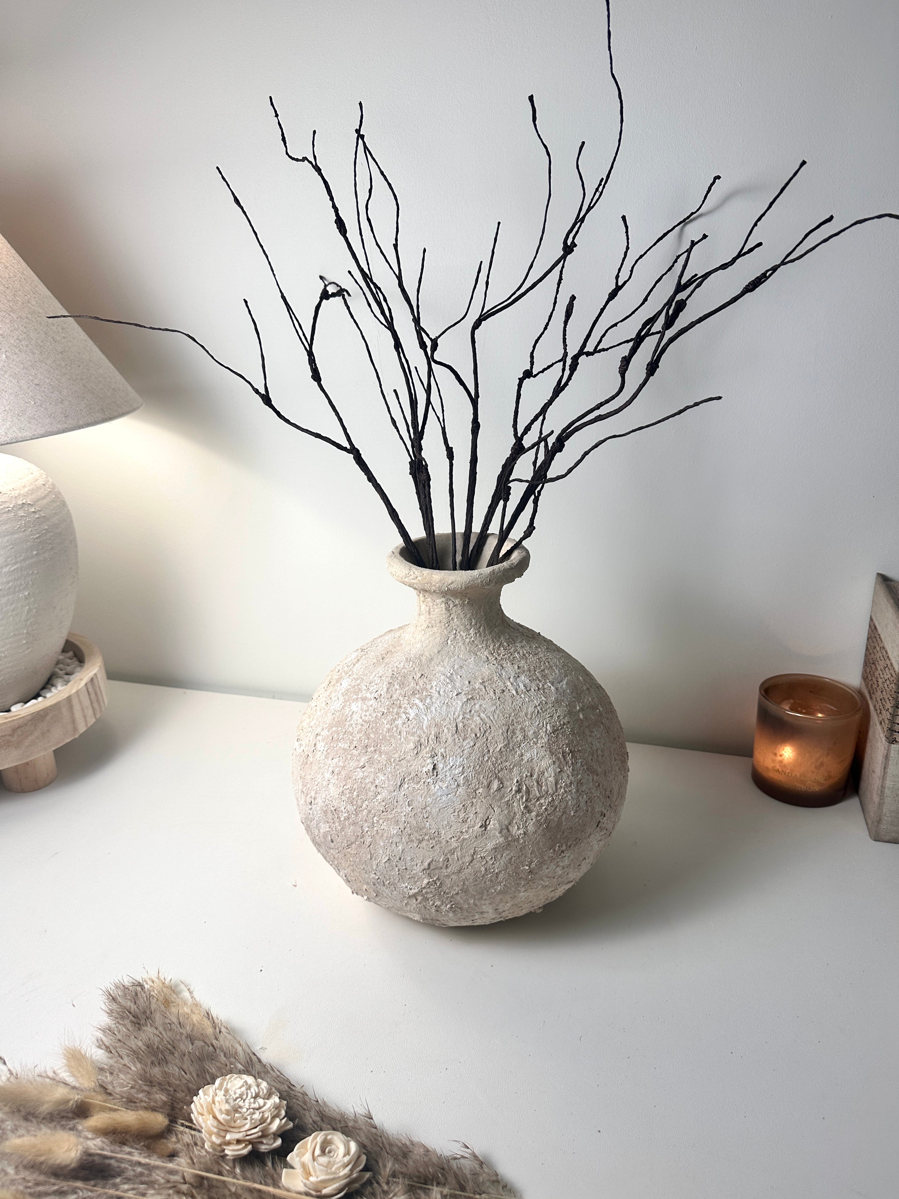 Rustic Hand-Painted Ceramic Round Bottle Vase 12" tall - Cream Sand Wash