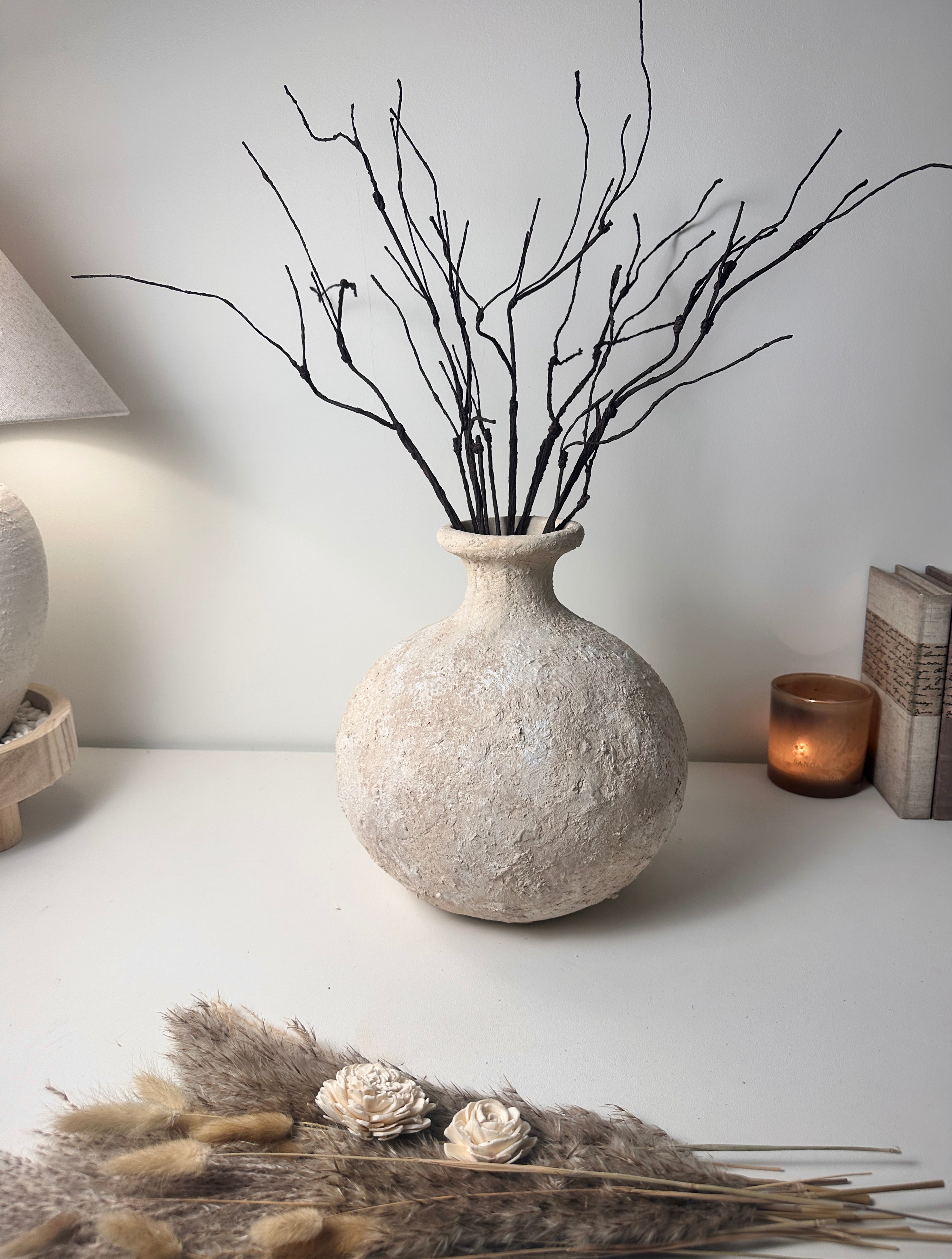 Rustic Hand-Painted Ceramic Round Bottle Vase 12" tall - Cream Sand Wash