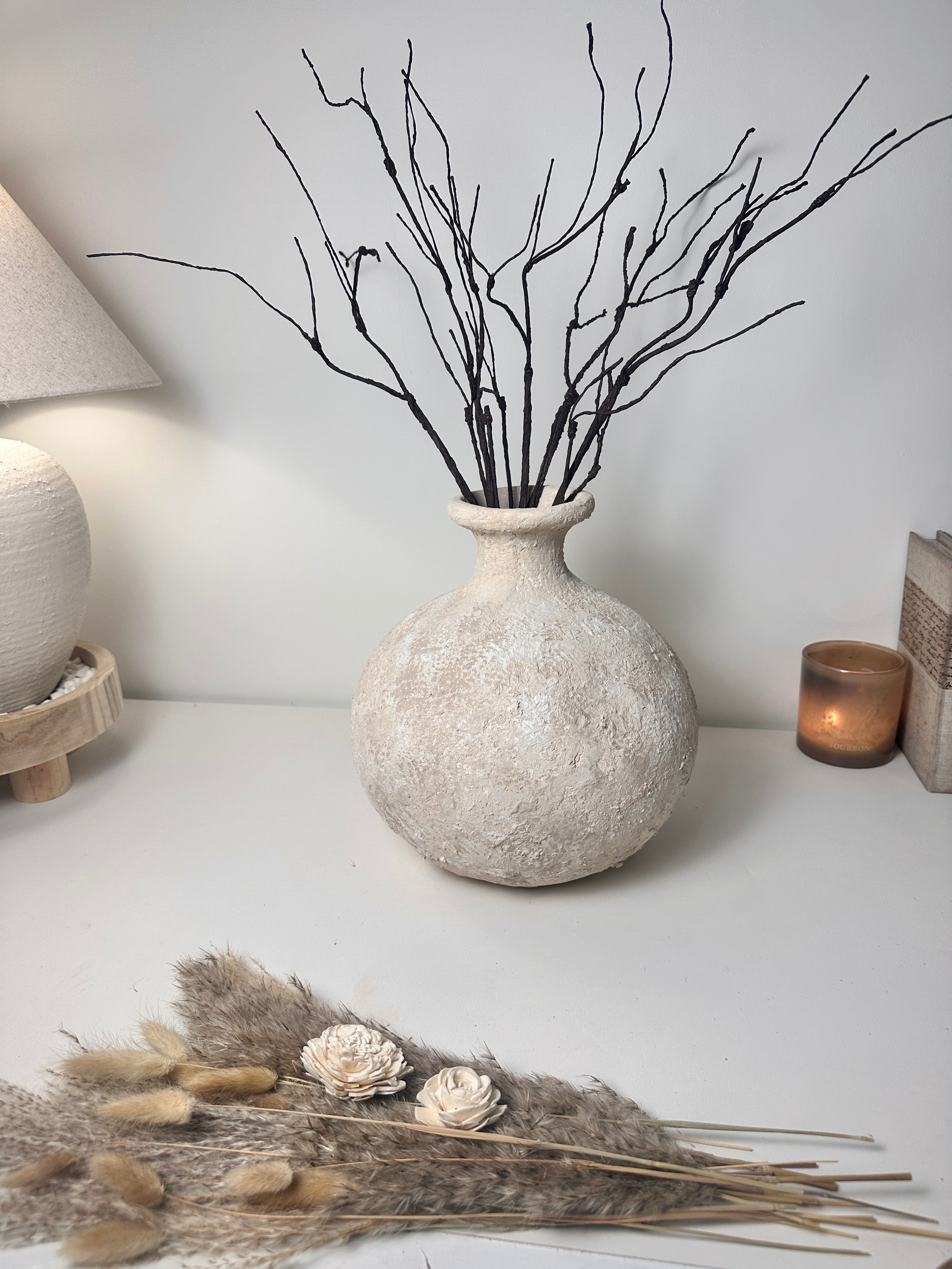 Rustic Hand-Painted Ceramic Round Bottle Vase 12" tall - Cream Sand Wash