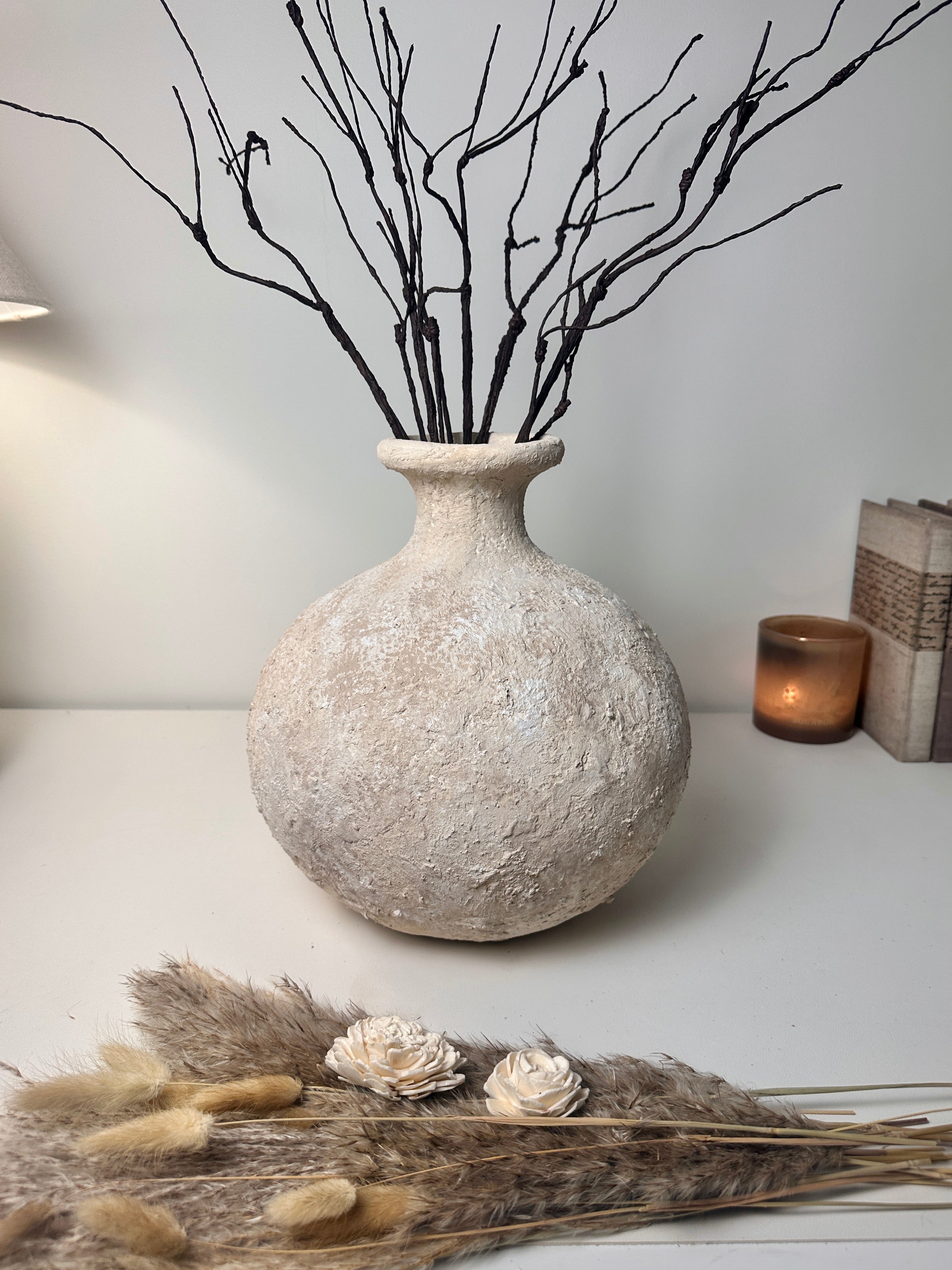 Rustic Hand-Painted Ceramic Round Bottle Vase 12" tall - Cream Sand Wash