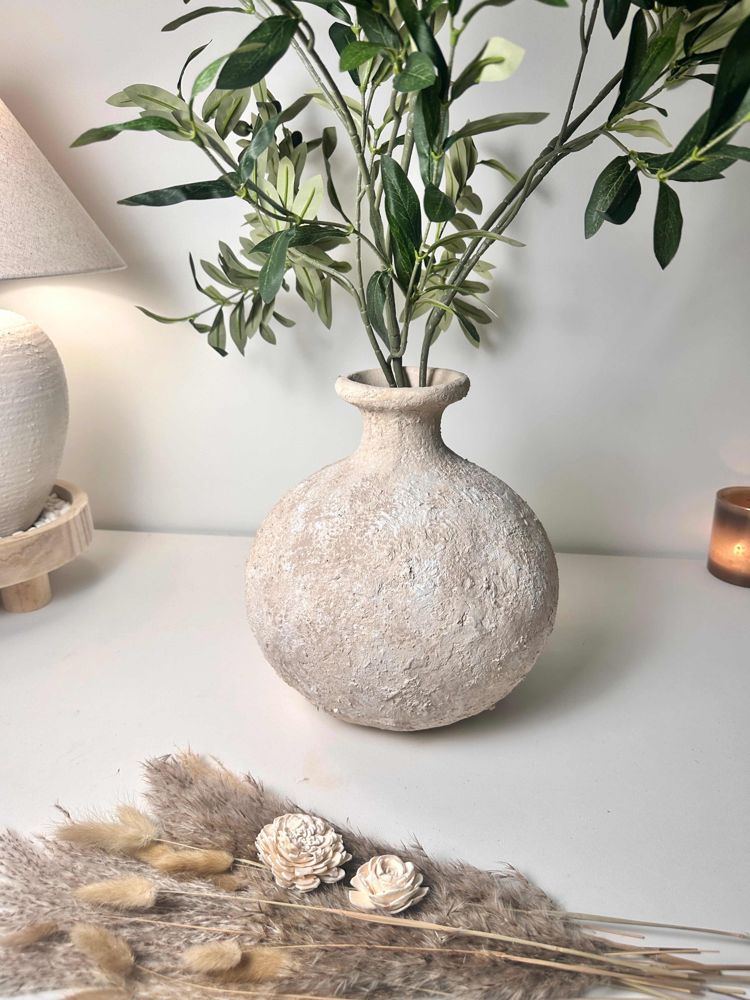 Rustic Hand-Painted Ceramic Round Bottle Vase 12" tall - Cream Sand Wash