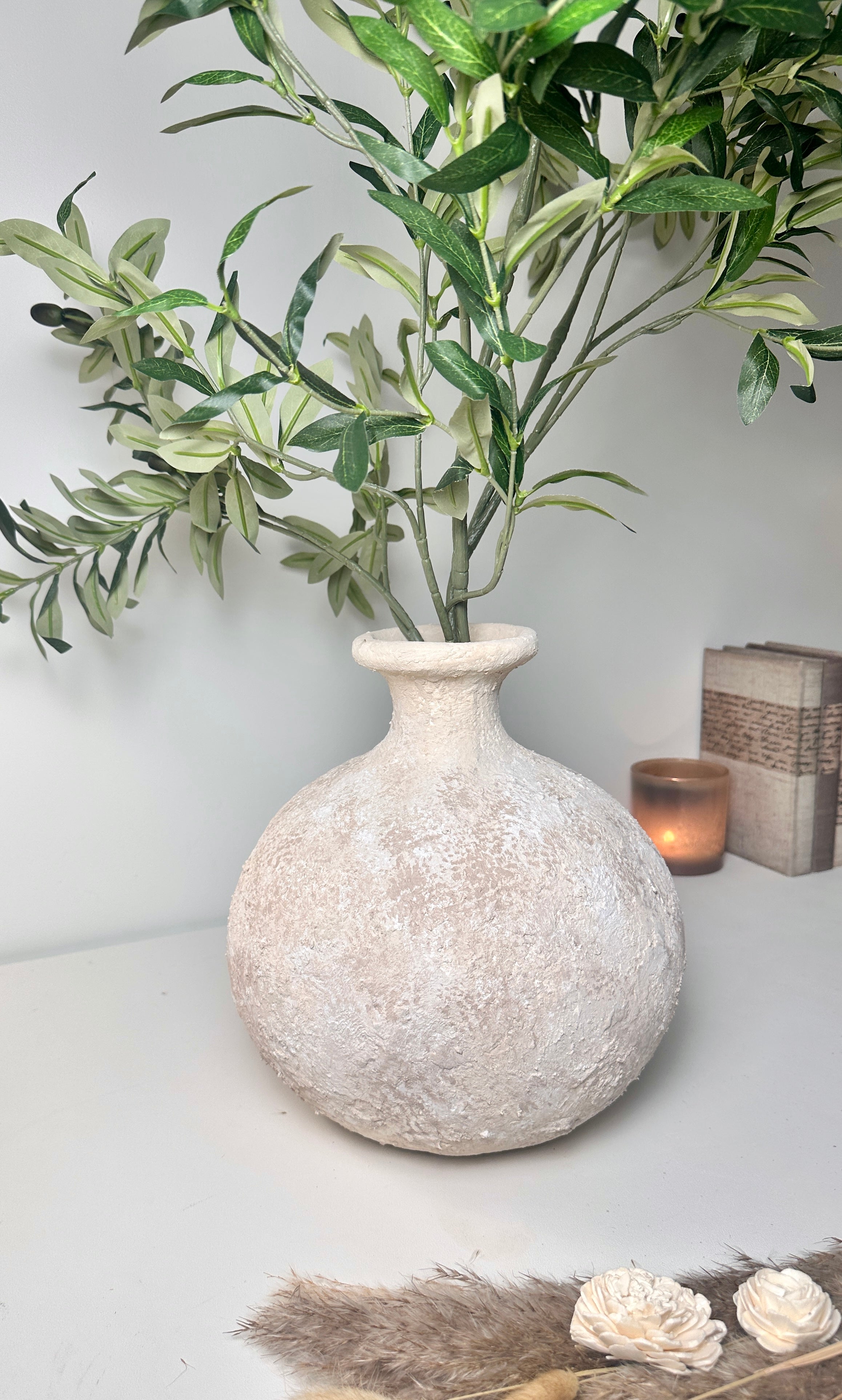 Rustic Hand-Painted Ceramic Round Bottle Vase 12" tall - Cream Sand Wash