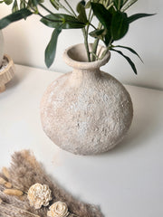 Rustic Hand-Painted Ceramic Round Bottle Vase 12" tall - Cream Sand Wash