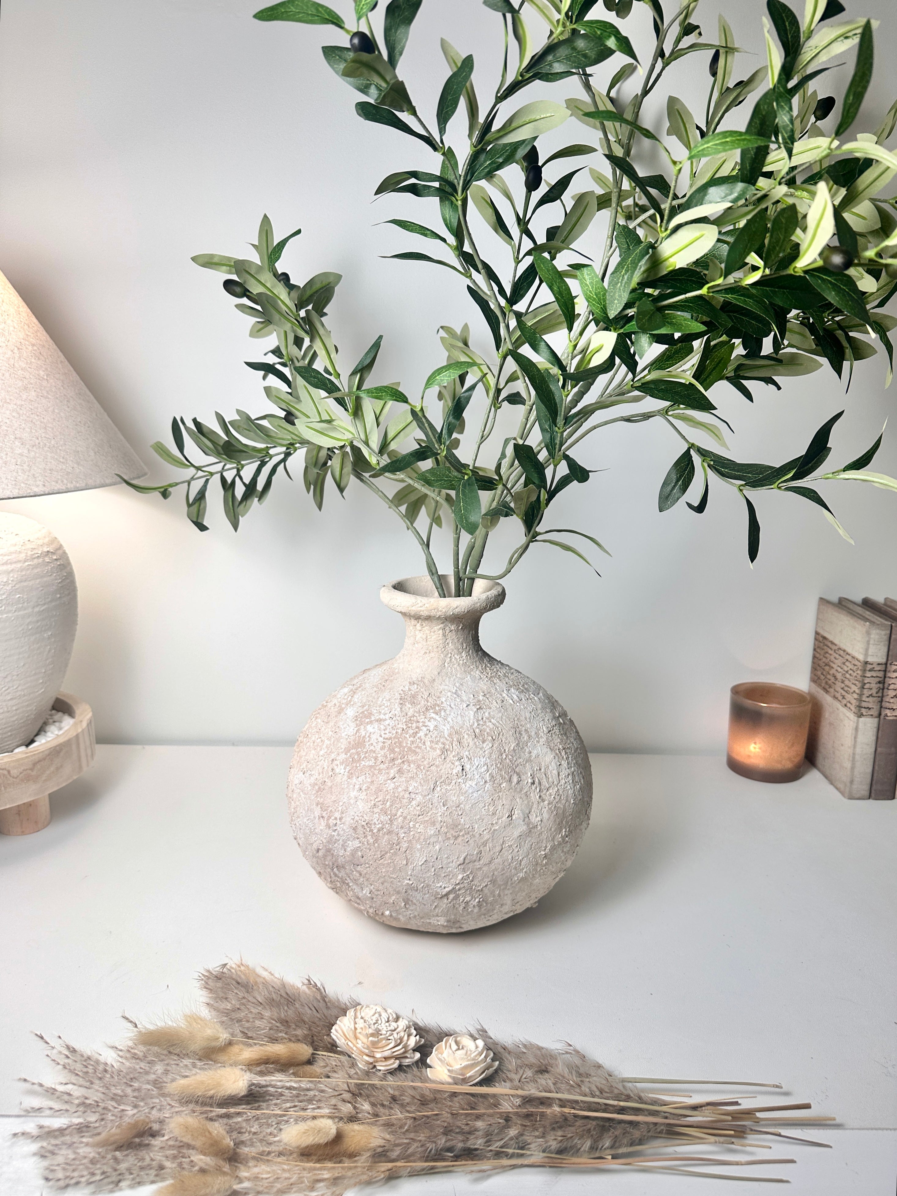 Rustic Hand-Painted Ceramic Round Bottle Vase 12" tall - Cream Sand Wash