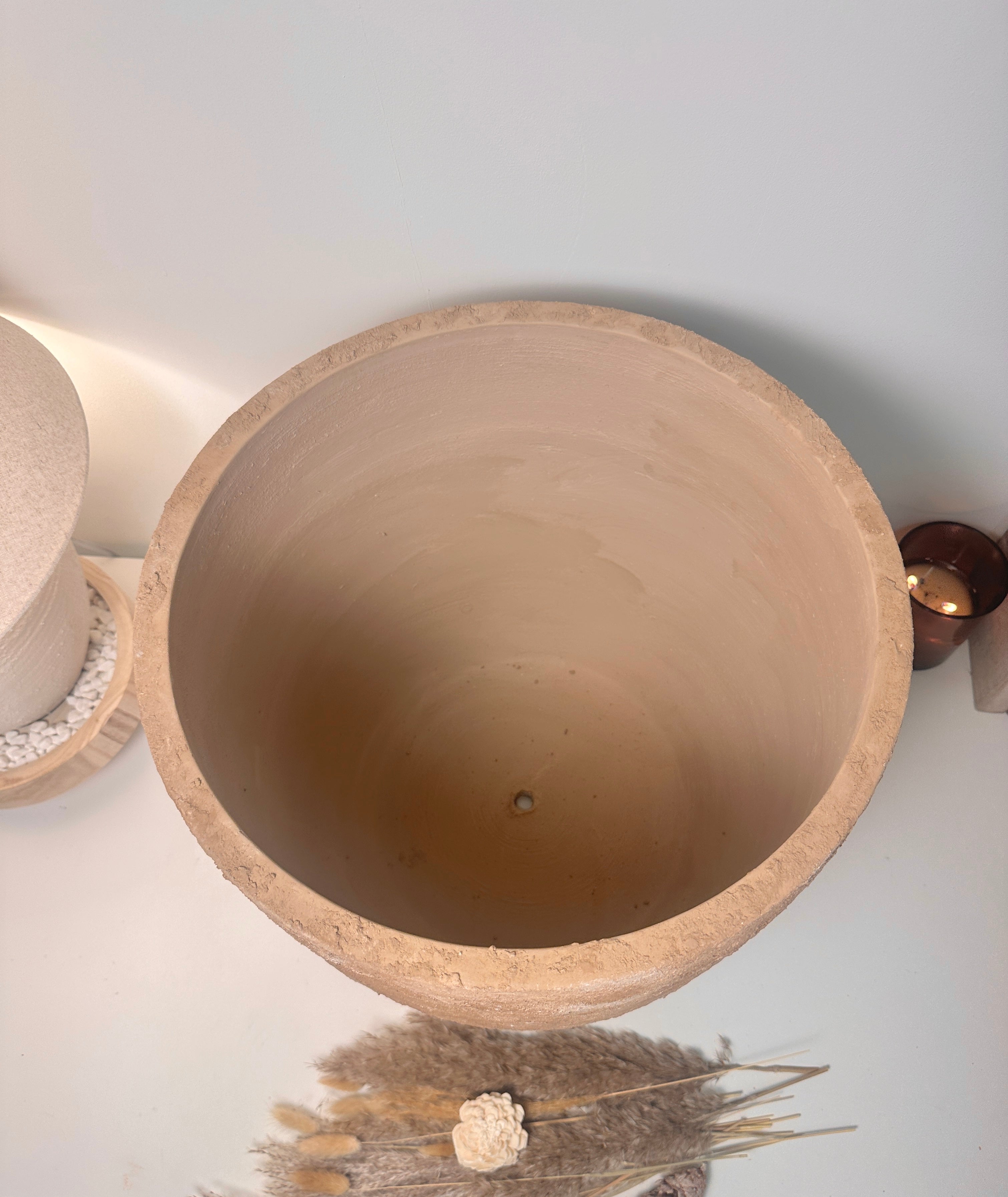 Minimalist Hand-Painted & Textured Planter Pot 17" tall with drainage hole one time creation - Earth Brown