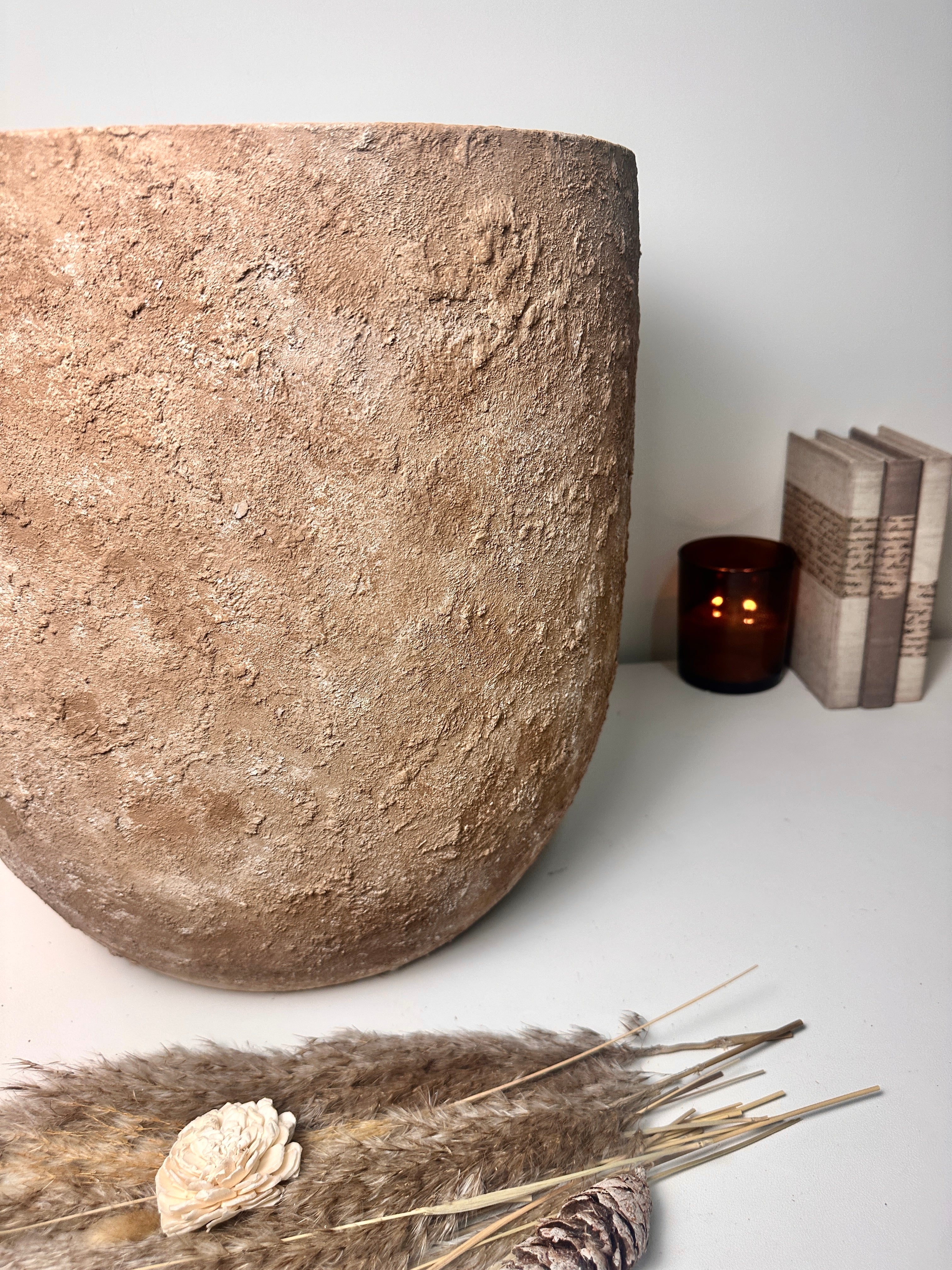 Minimalist Hand-Painted & Textured Planter Pot 17" tall with drainage hole one time creation - Earth Brown