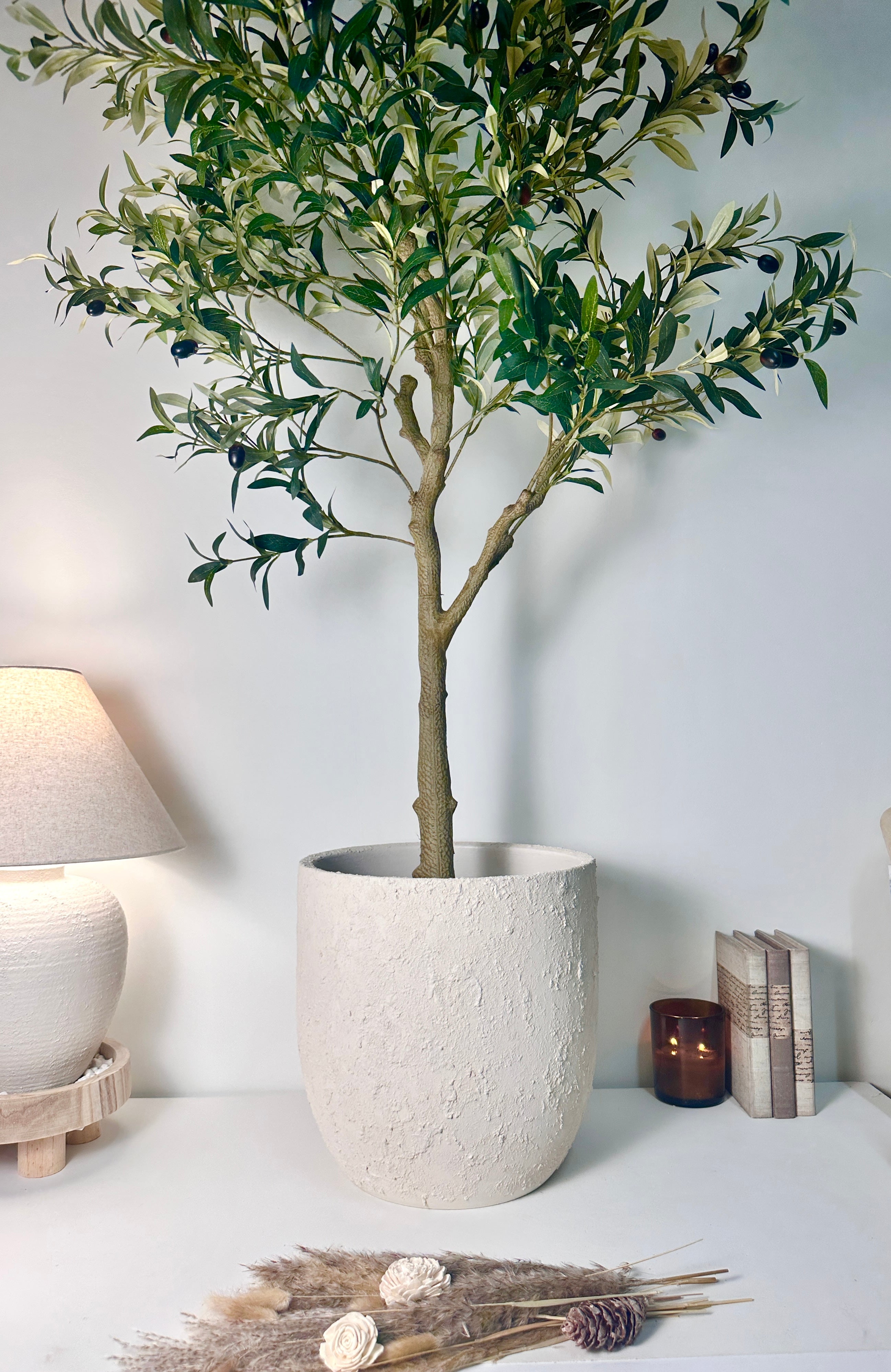 13.5" Minimalist Hand-Painted & Textured Planter Pot with Drainage Hole - Cream