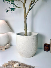 13.5" Minimalist Hand-Painted & Textured Planter Pot with Drainage Hole - Cream