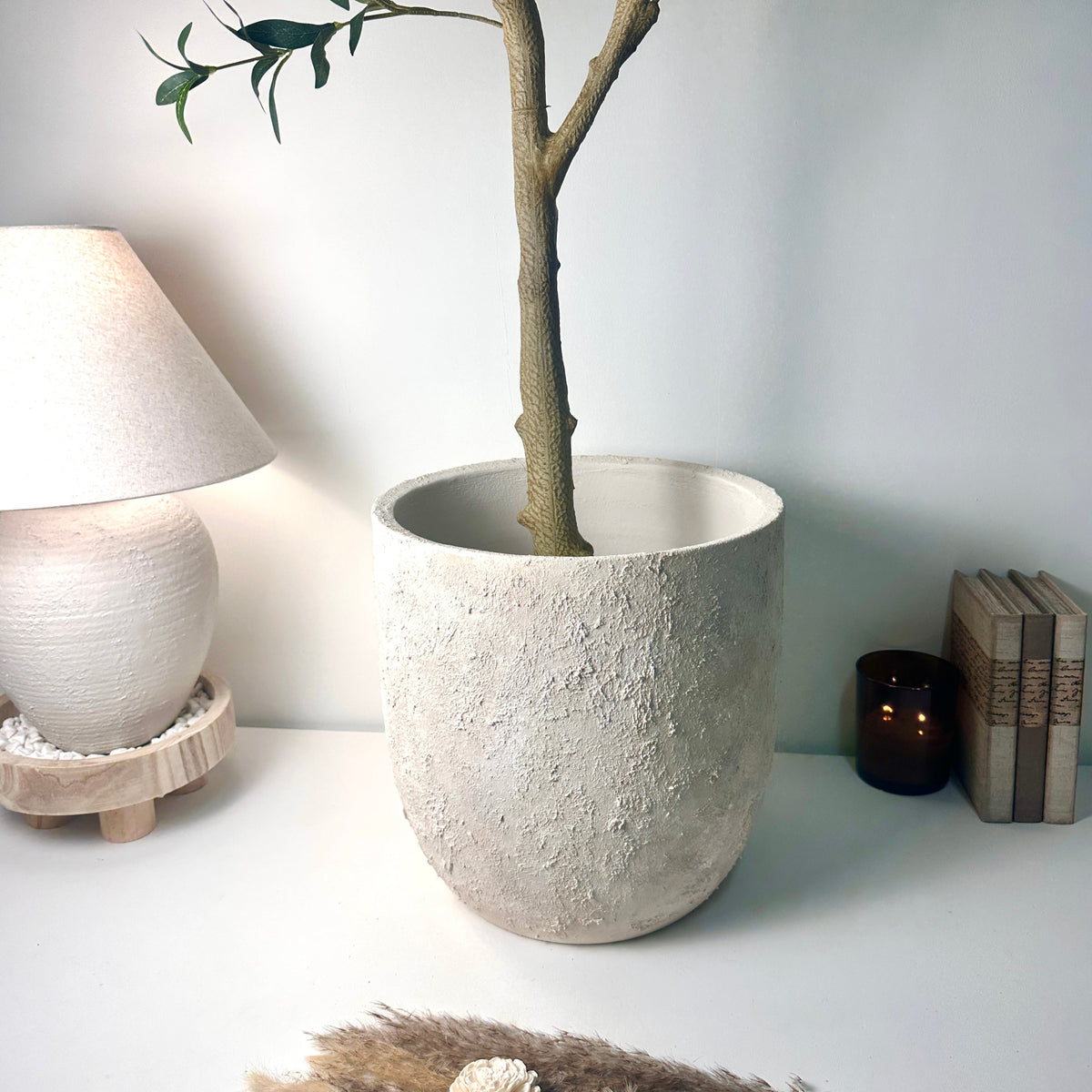 13.5" Minimalist Hand-Painted & Textured Planter Pot with Drainage Hole one time creation - Cream wash