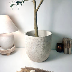 13.5" Minimalist Hand-Painted & Textured Planter Pot with Drainage Hole one time creation - Cream wash