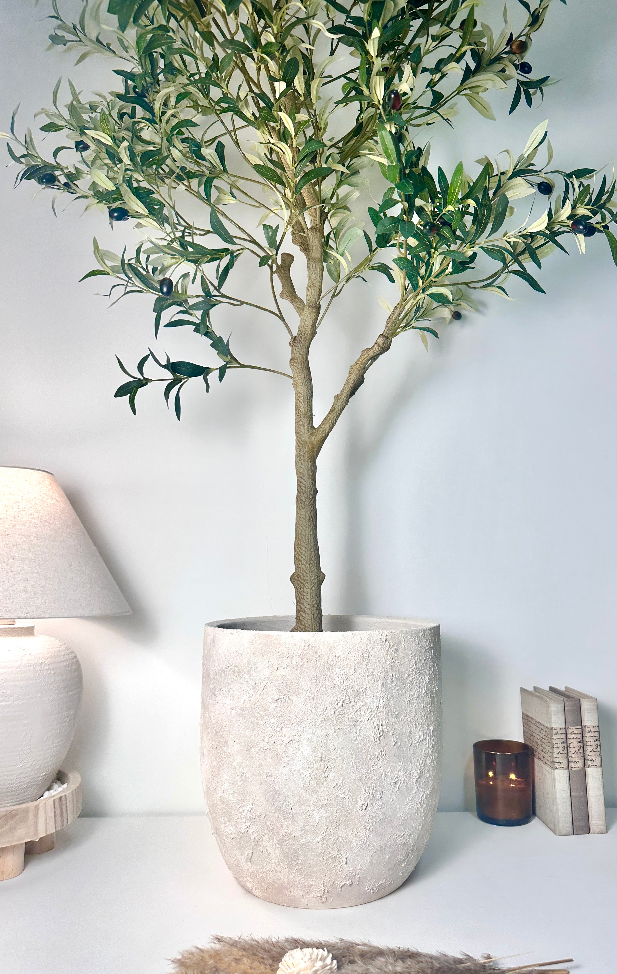 13.5" Minimalist Hand-Painted & Textured Planter Pot with Drainage Hole one time creation - Cream wash