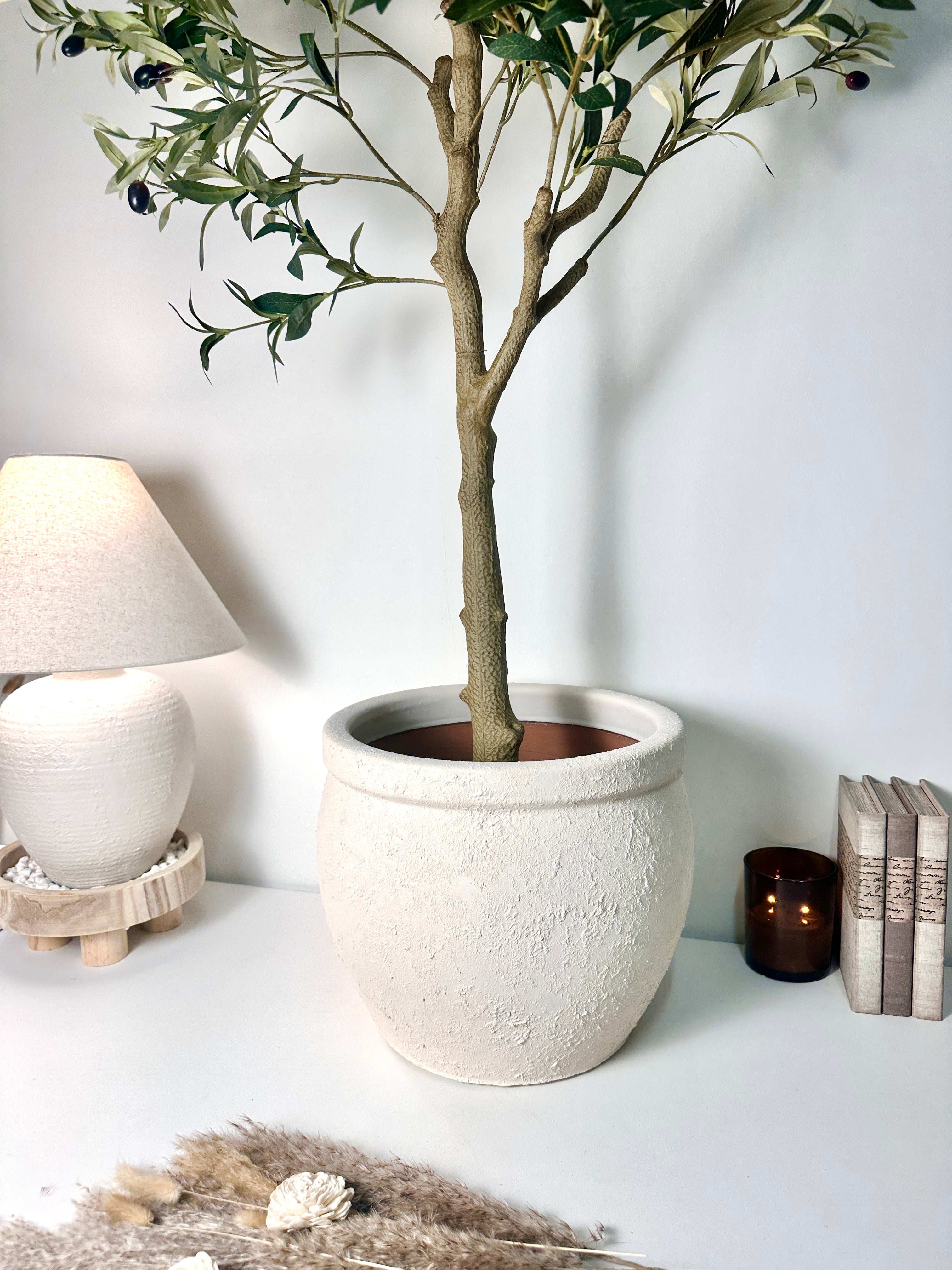 12" Tall Minimalist Hand-Painted & Textured Planter Pot with Drainage Hole one time creation - Cream