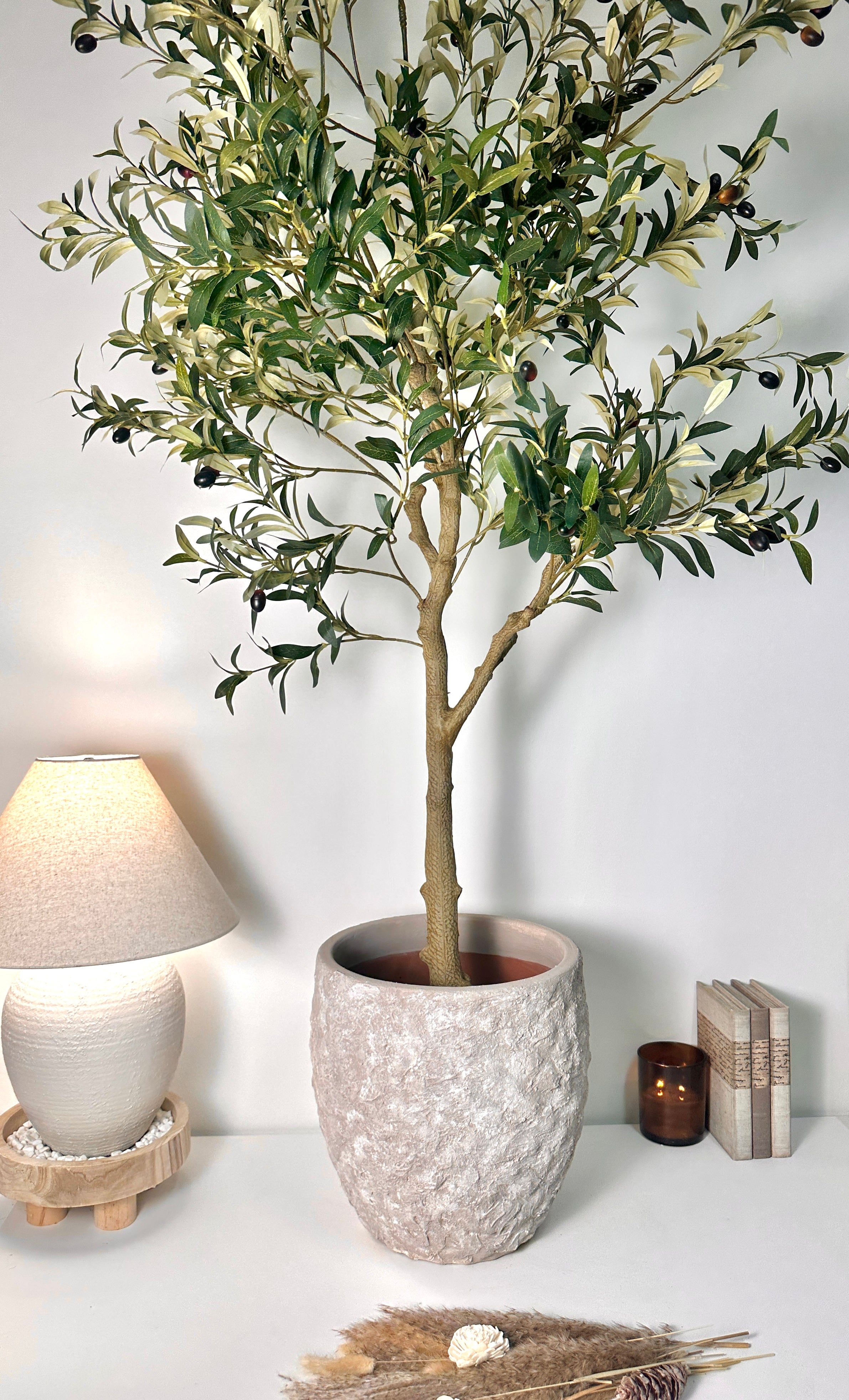13.5" Tall Minimalist Hand-Painted & Textured Planter Pot with Drainage Hole one time creation - Beige wash
