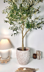 13.5" Tall Minimalist Hand-Painted & Textured Planter Pot with Drainage Hole one time creation - Beige wash