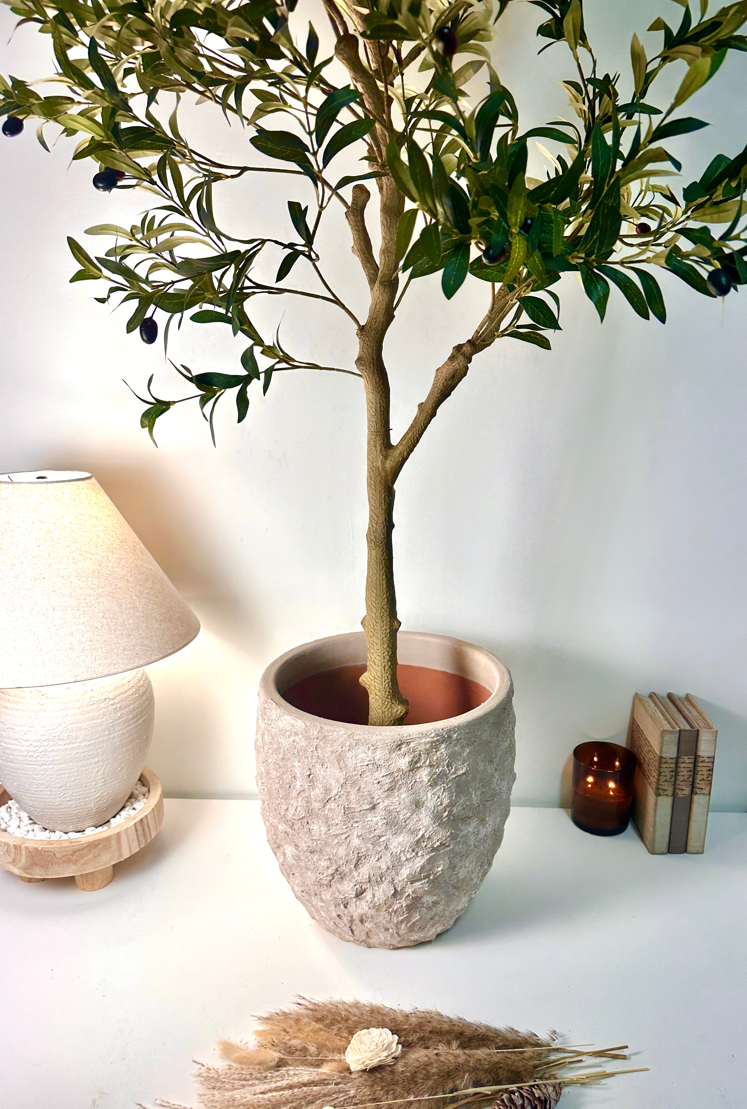 13.5" Tall Minimalist Hand-Painted & Textured Planter Pot with Drainage Hole one time creation - Beige wash