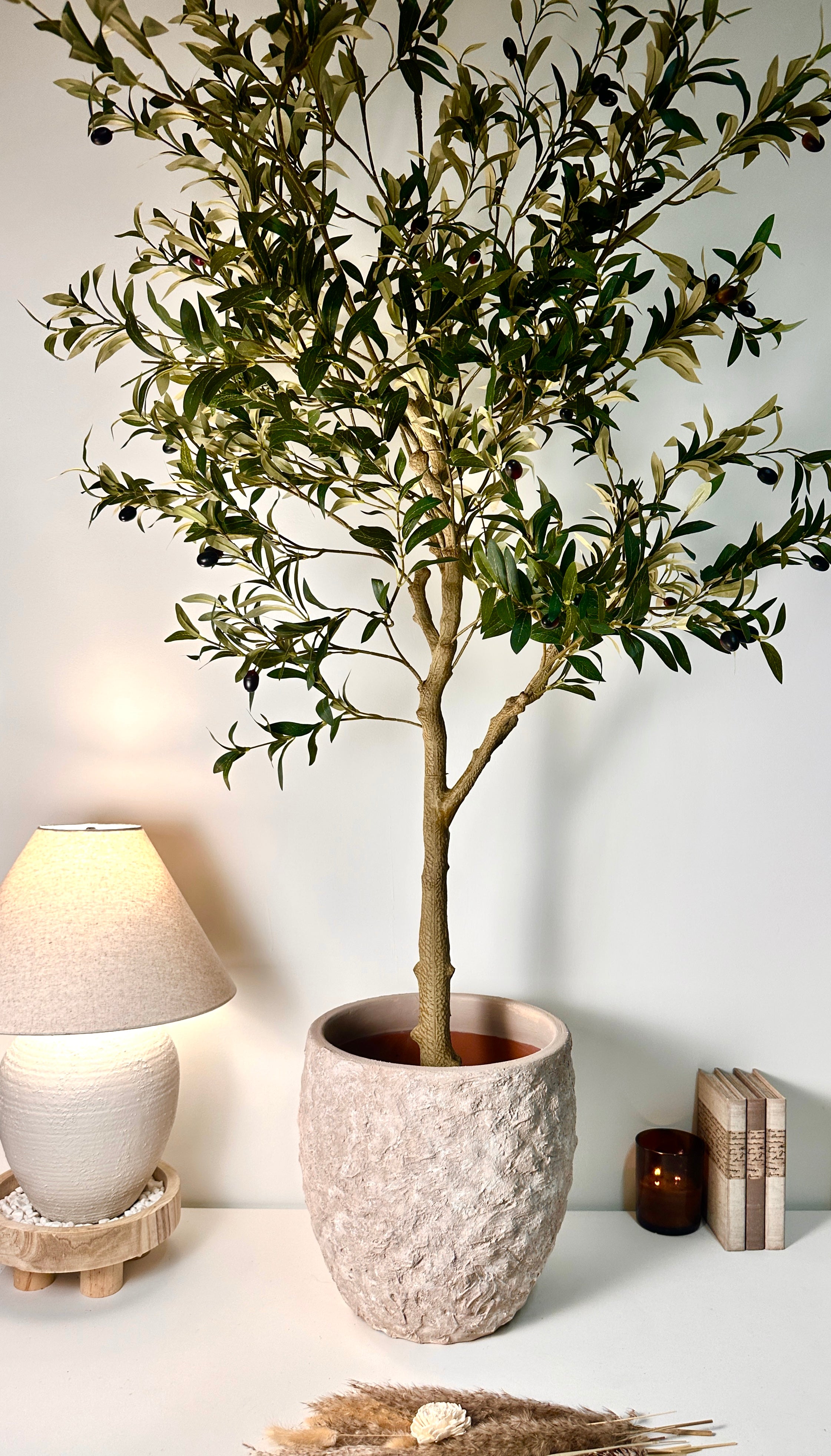 13.5" Tall Minimalist Hand-Painted & Textured Planter Pot with Drainage Hole one time creation - Beige wash
