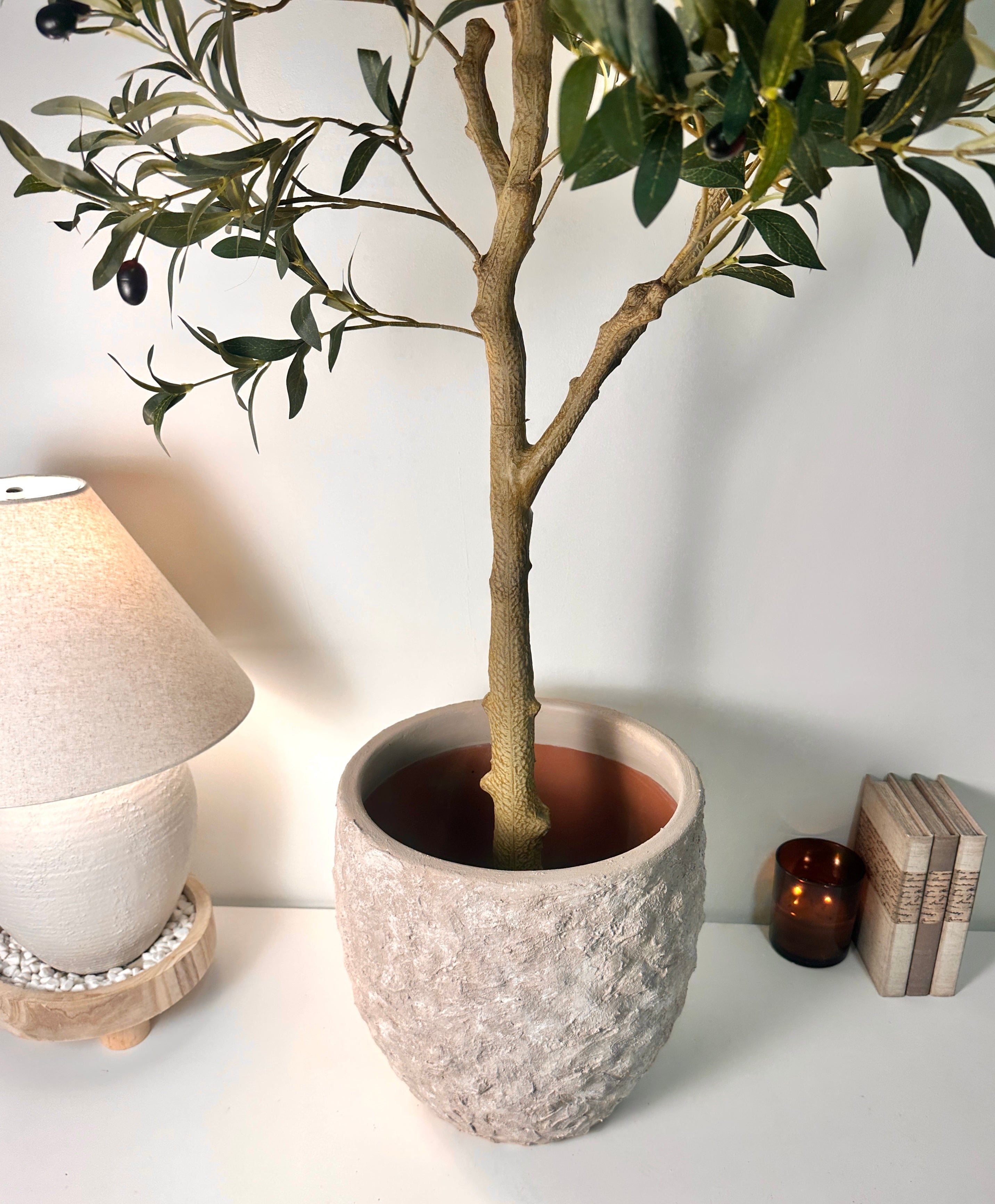 13.5" Tall Minimalist Hand-Painted & Textured Planter Pot with Drainage Hole one time creation - Beige wash