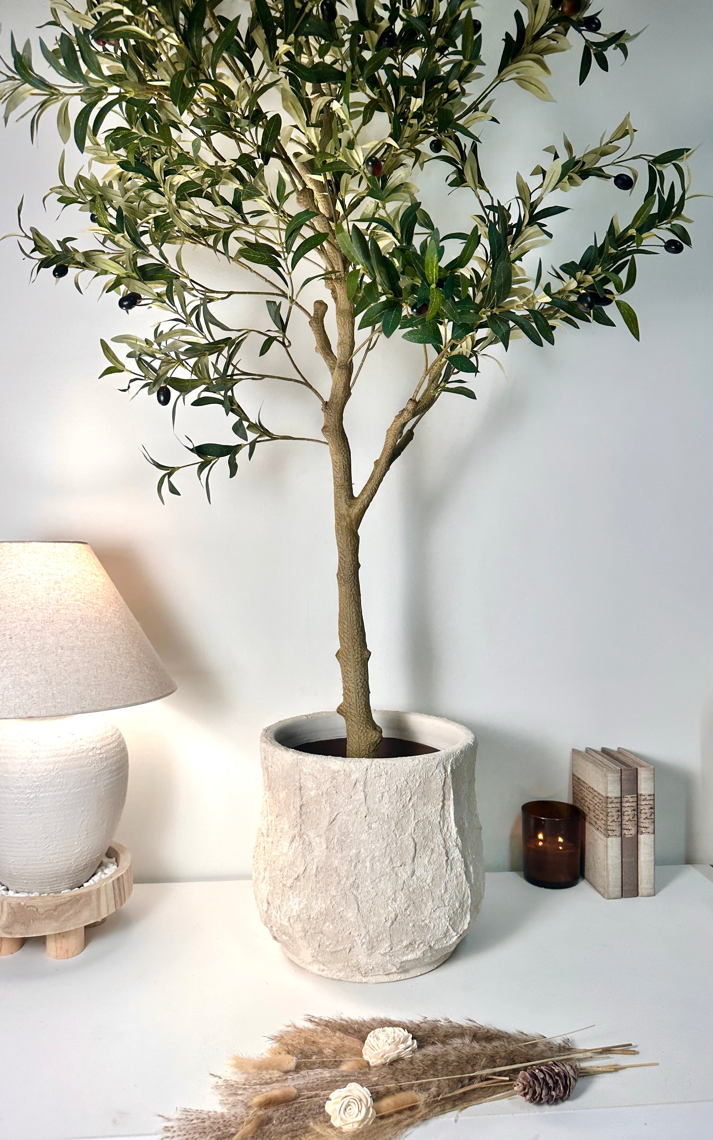 12" Tall Minimalist Hand-Painted & Textured Planter Pot with Drainage Hole - Cream Linen wash