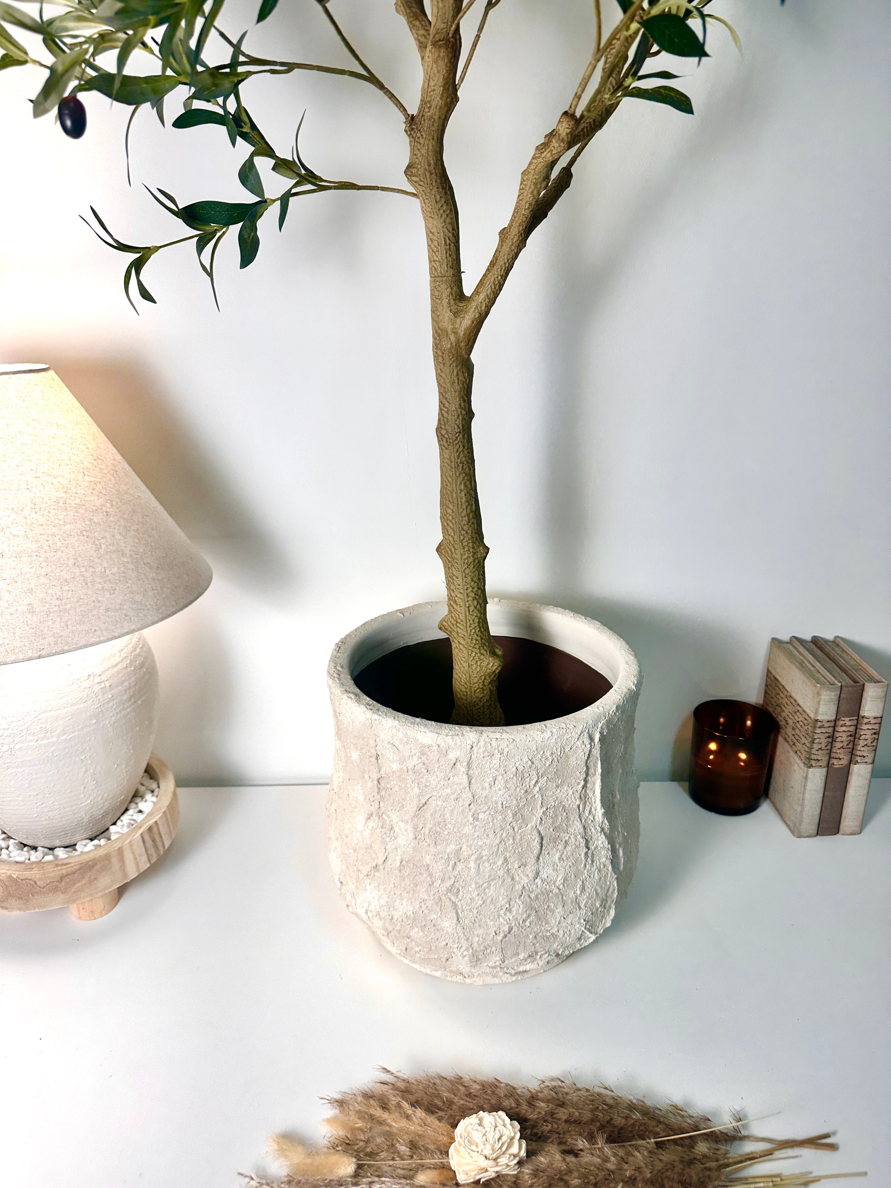 12" Tall Minimalist Hand-Painted & Textured Planter Pot with Drainage Hole - Cream Linen wash