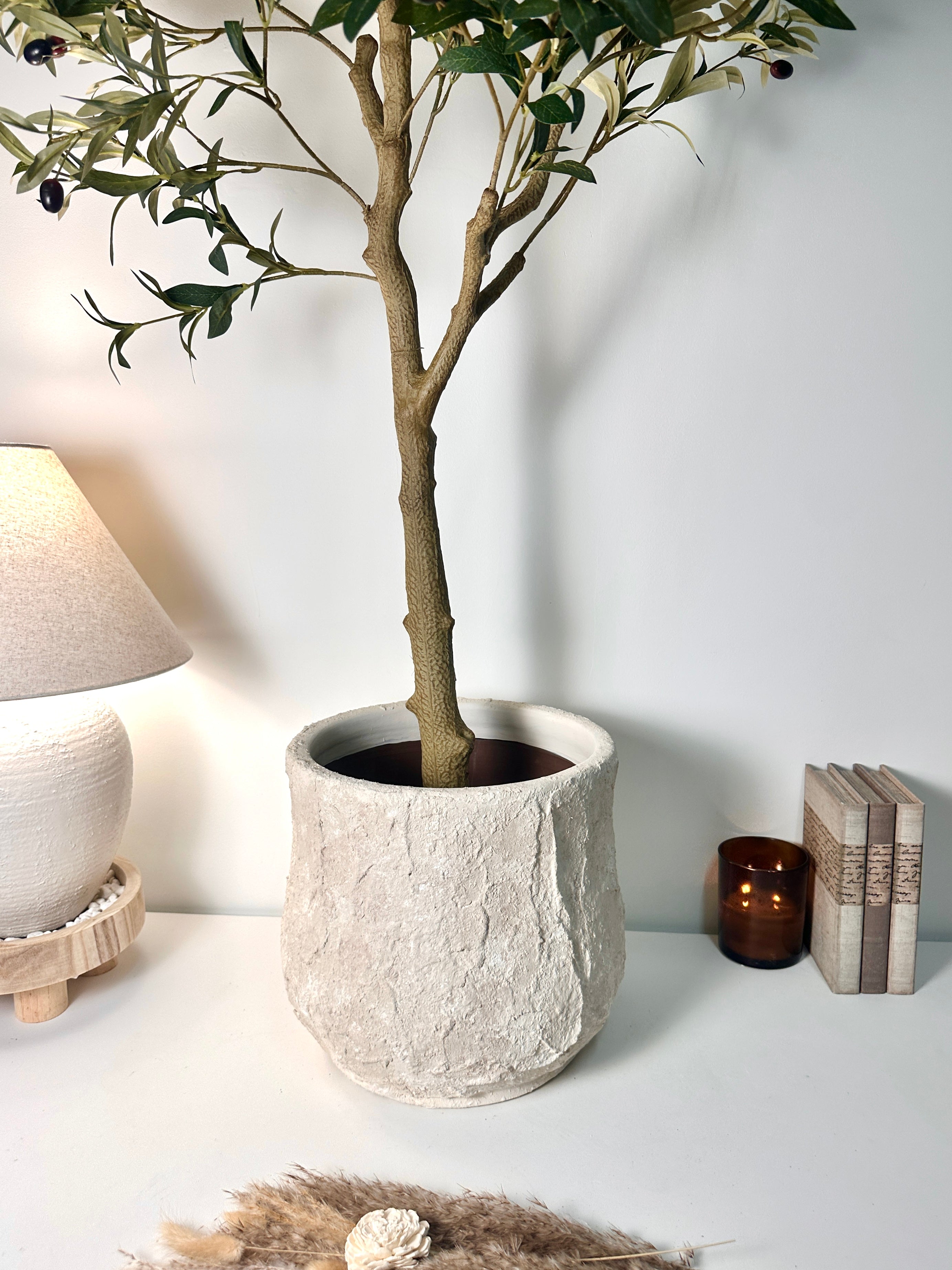 12" Tall Minimalist Hand-Painted & Textured Planter Pot with Drainage Hole - Cream Linen wash