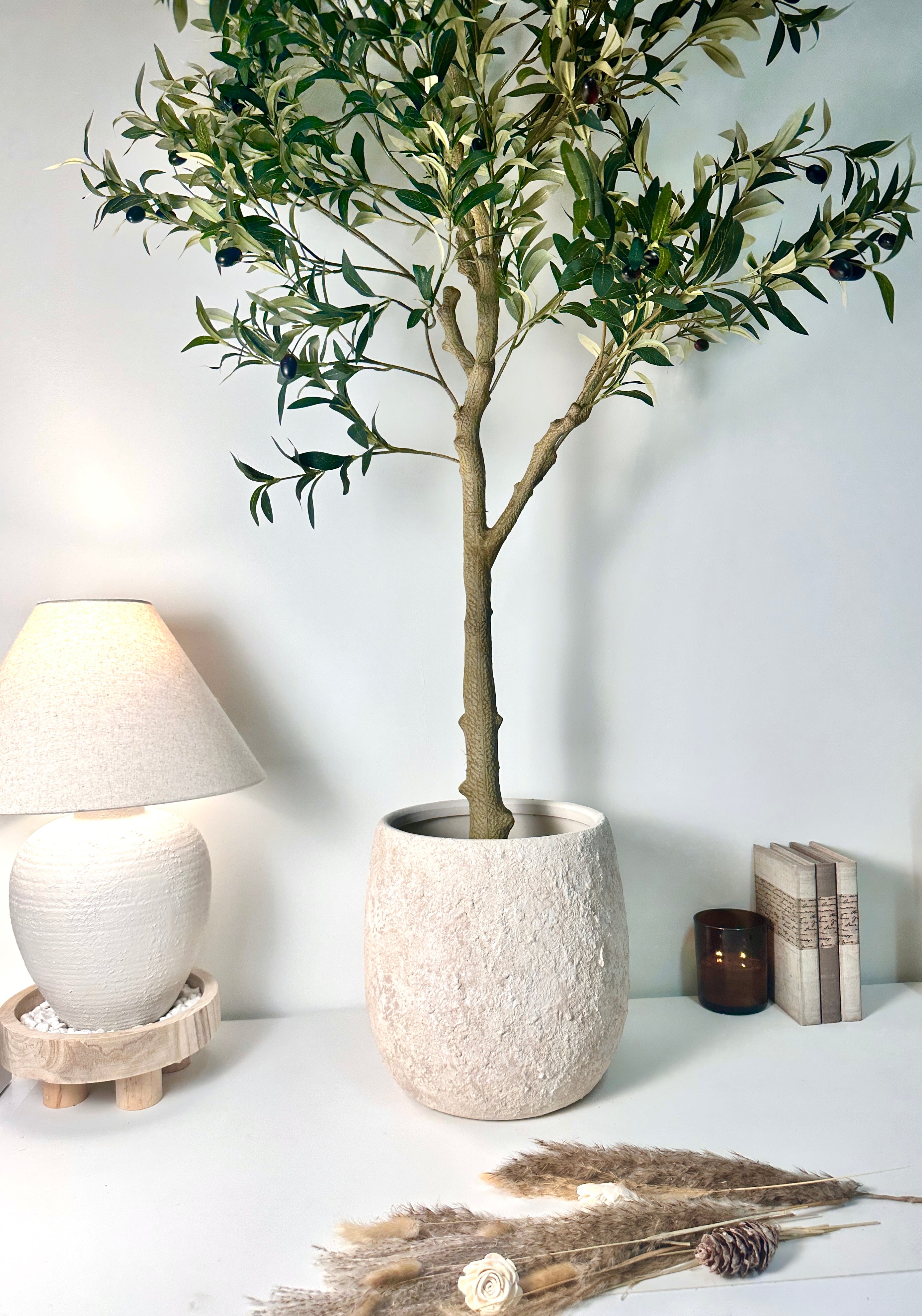 12.5" Tall Minimalist Hand-Painted & Textured Planter Pot with Drainage Hole - Cream Sand wash