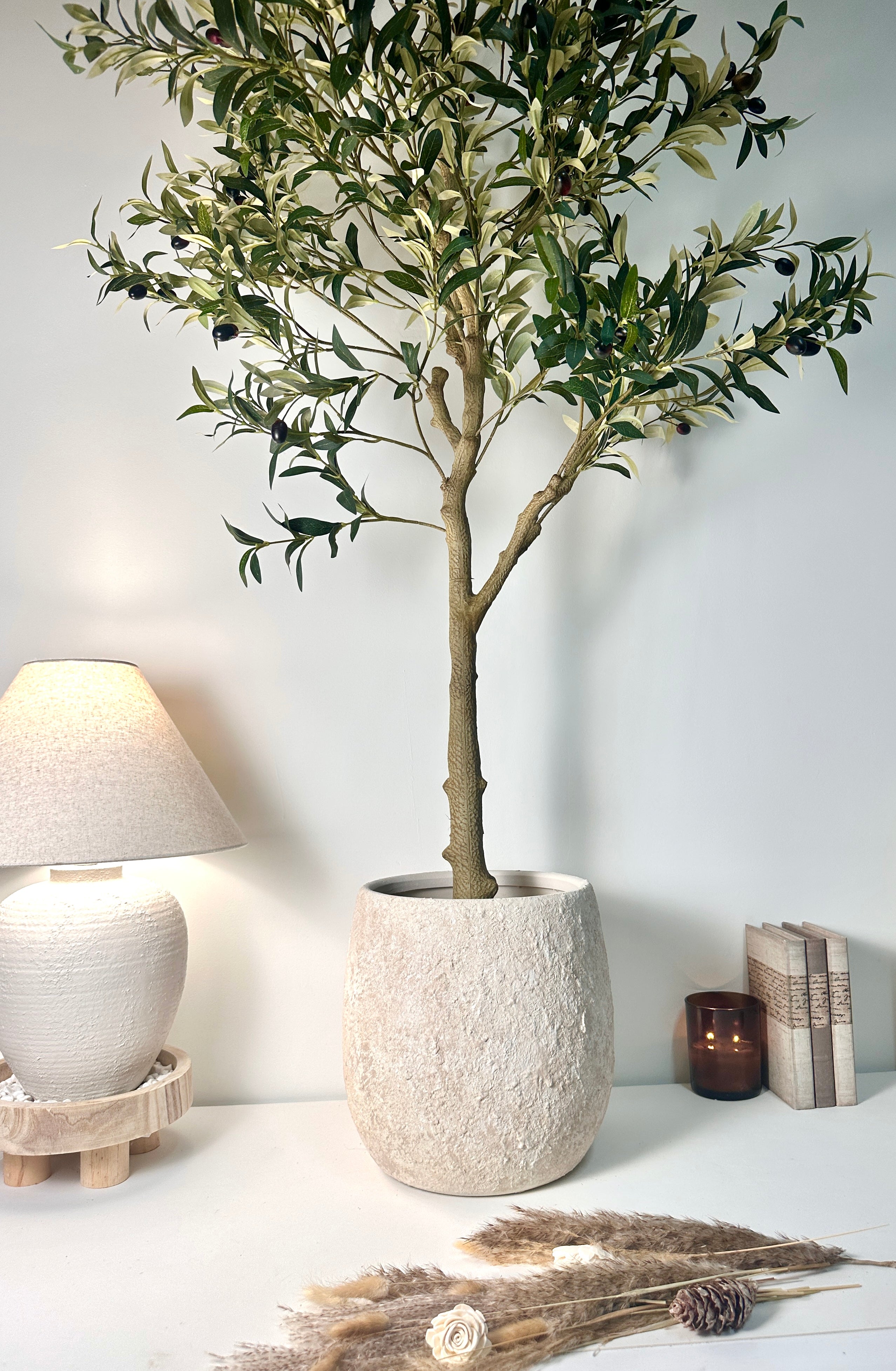 12.5" Tall Minimalist Hand-Painted & Textured Planter Pot with Drainage Hole - Cream Sand wash