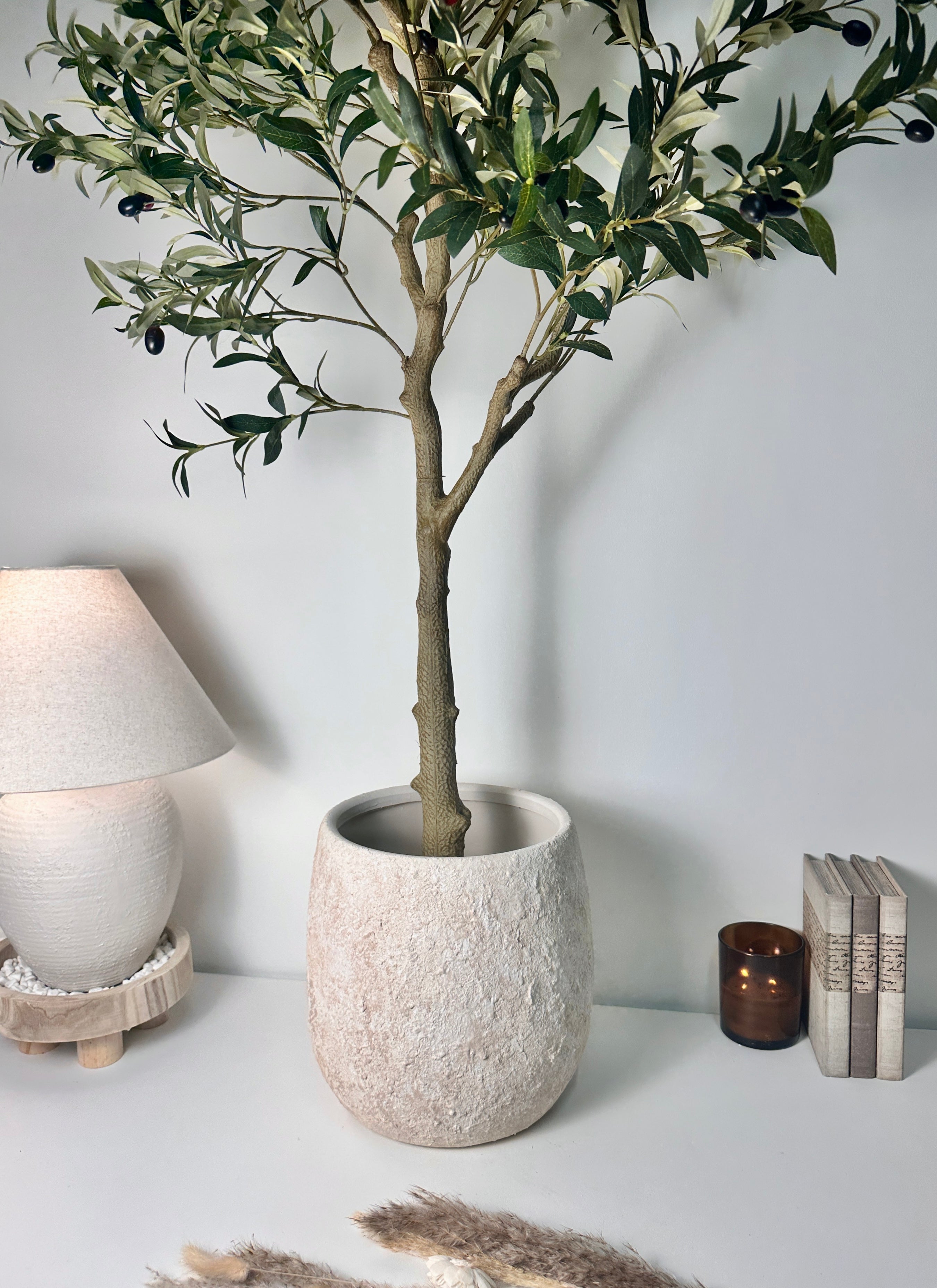 12.5" Tall Minimalist Hand-Painted & Textured Planter Pot with Drainage Hole - Cream Sand wash