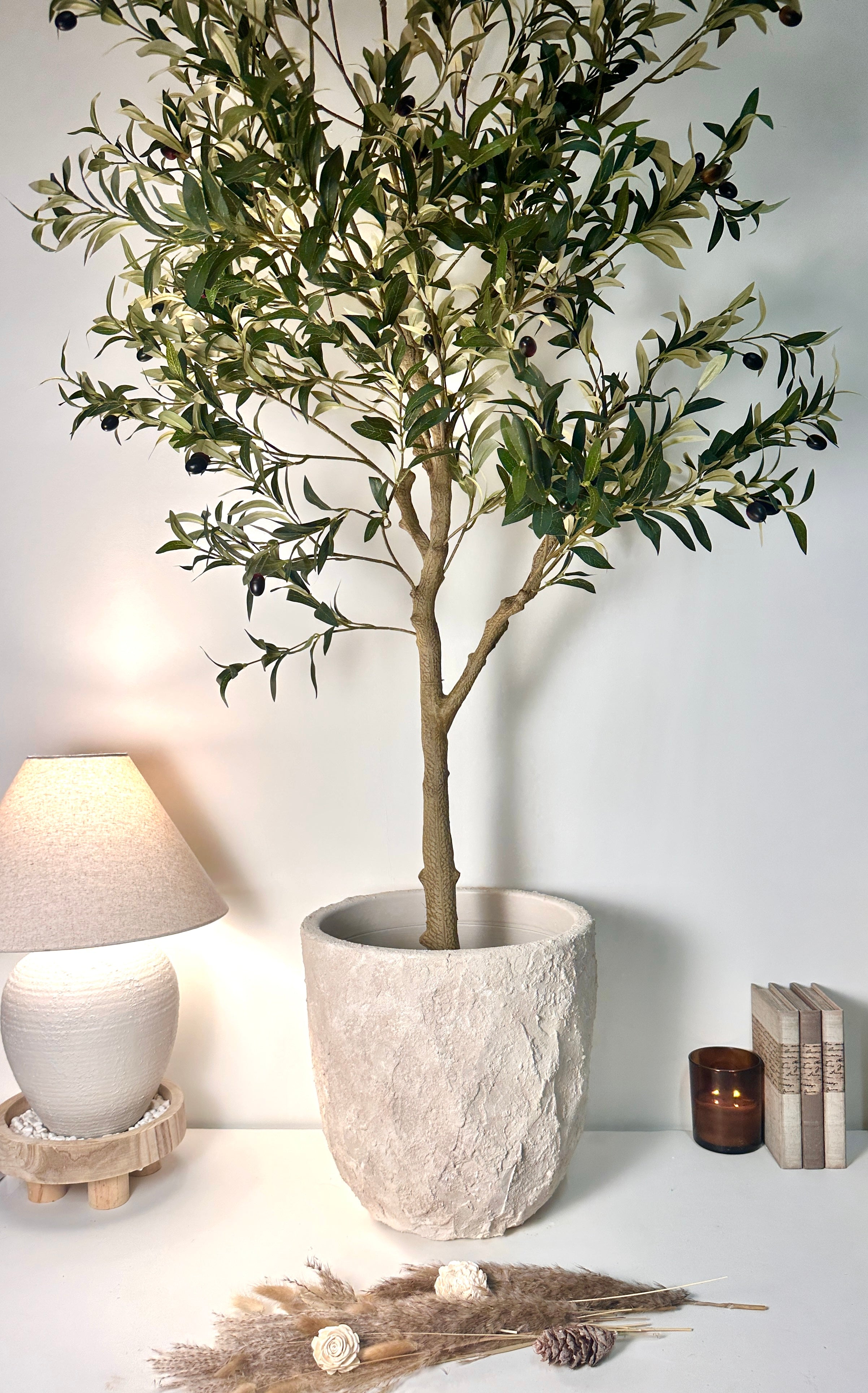 14" Tall Minimalist Hand-Painted & Textured Planter Pot with Drainage Hole - Cream