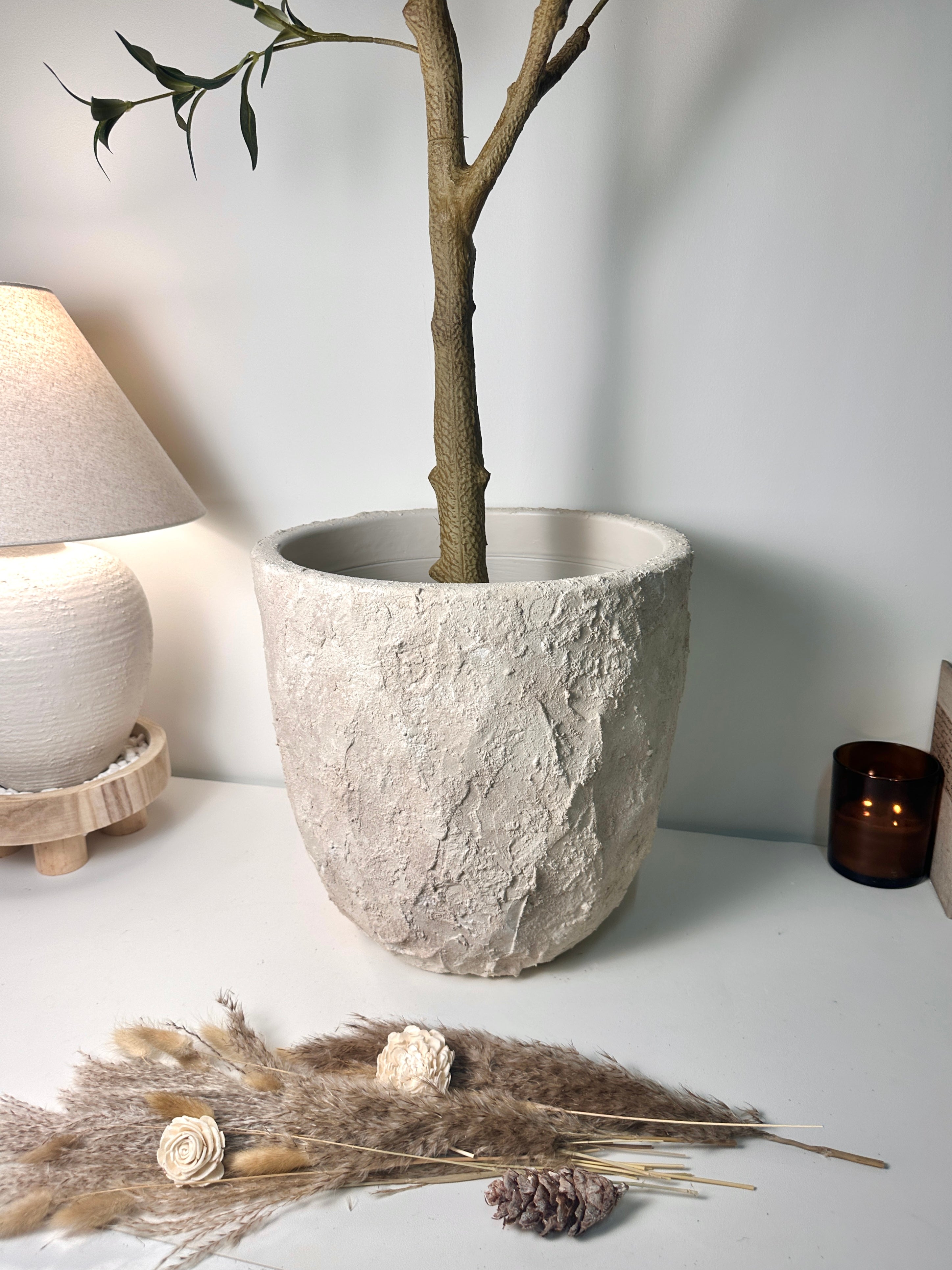 14" Tall Minimalist Hand-Painted & Textured Planter Pot with Drainage Hole - Cream