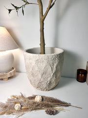 14" Tall Minimalist Hand-Painted & Textured Planter Pot with Drainage Hole - Cream