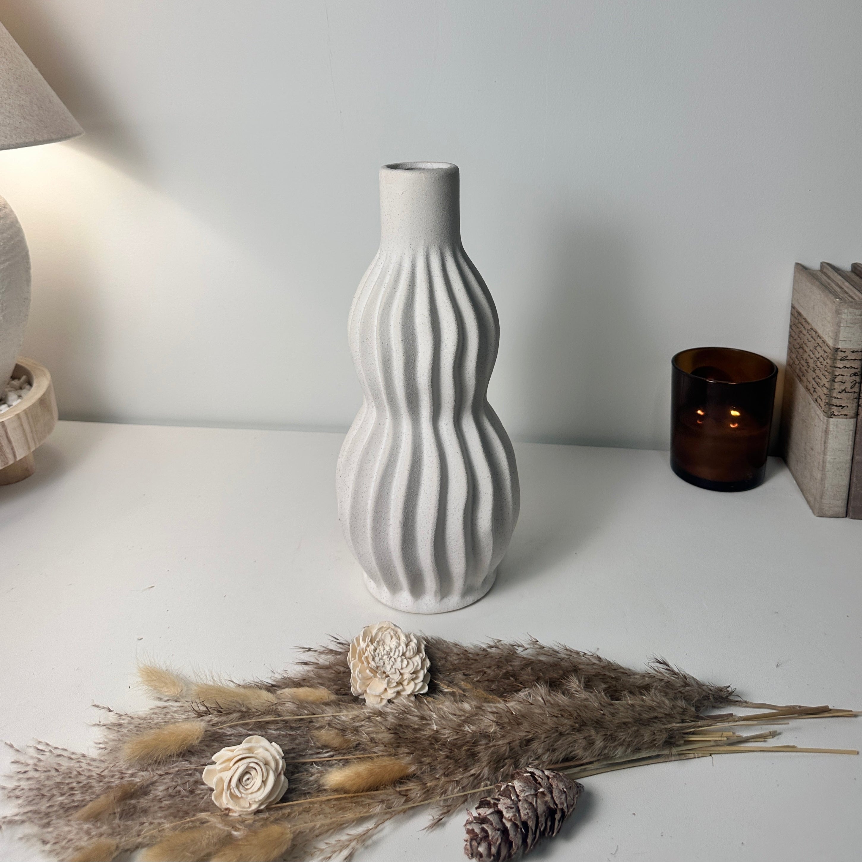 Minimalist Handcrafted Modern Ceramic Stripes Vase 14" tall  - Off White