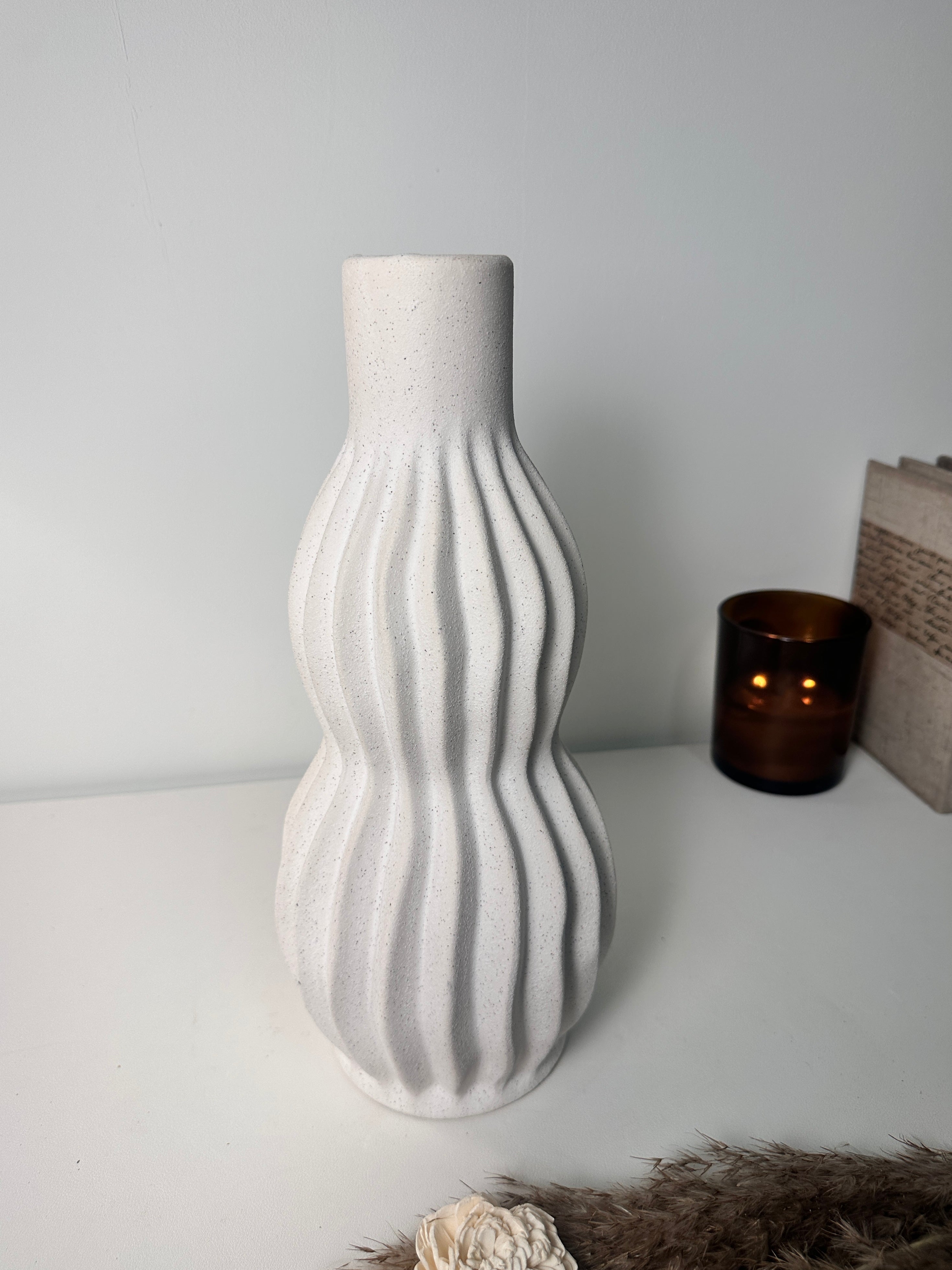 Minimalist Handcrafted Modern Ceramic Stripes Vase 14" tall  - Off White