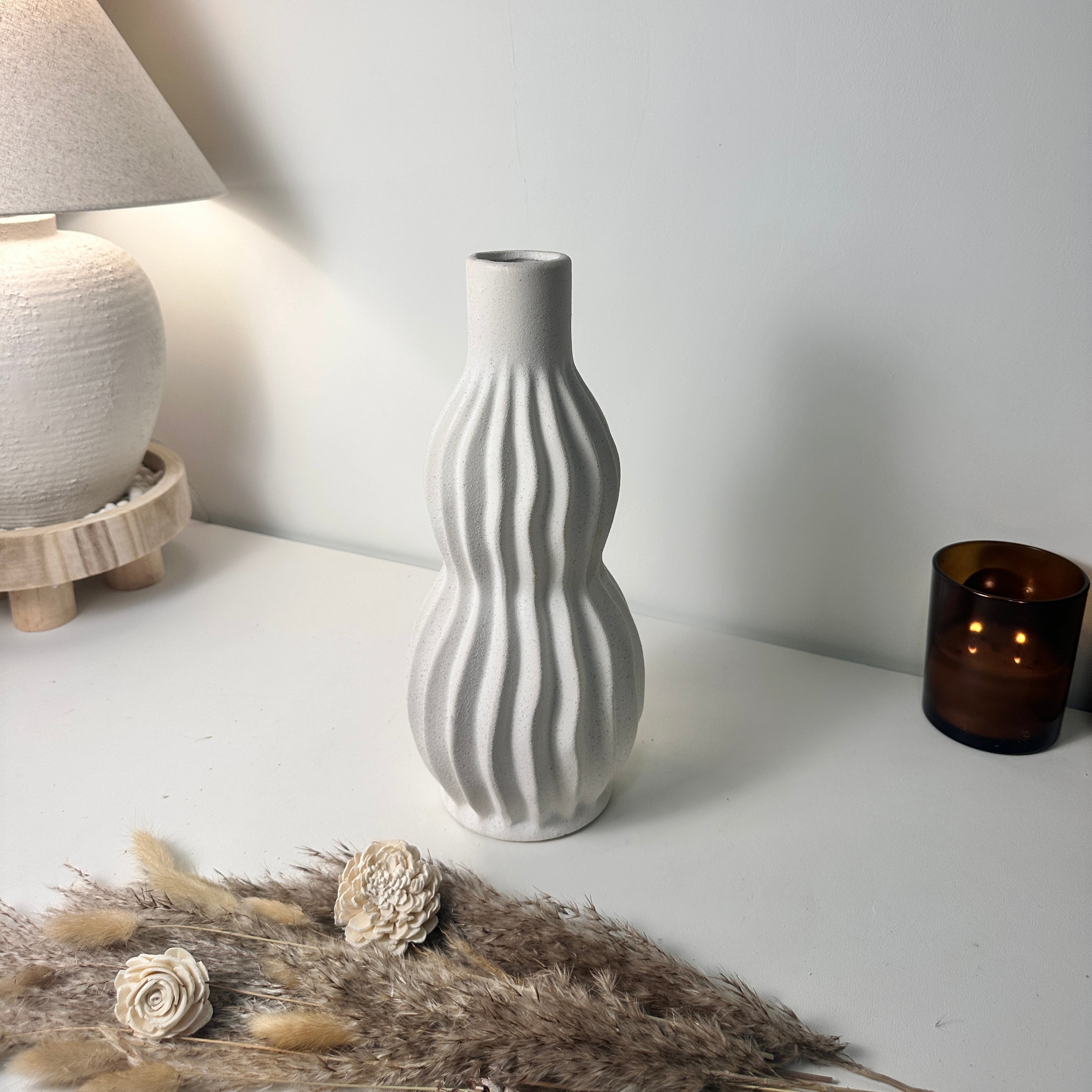 Minimalist Handcrafted Modern Ceramic Stripes Vase 14" tall  - Off White