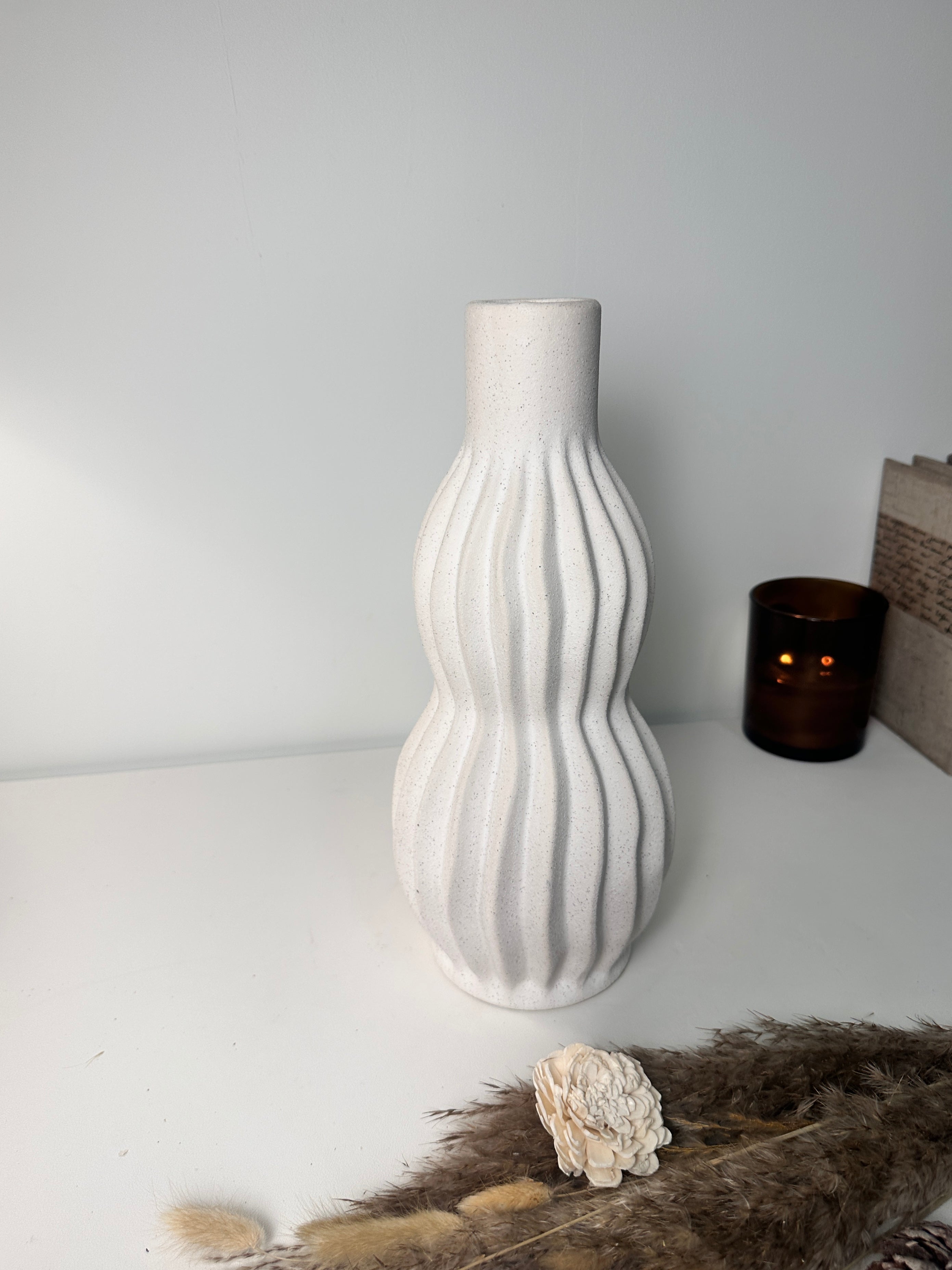 Minimalist Handcrafted Modern Ceramic Stripes Vase 14" tall  - Off White