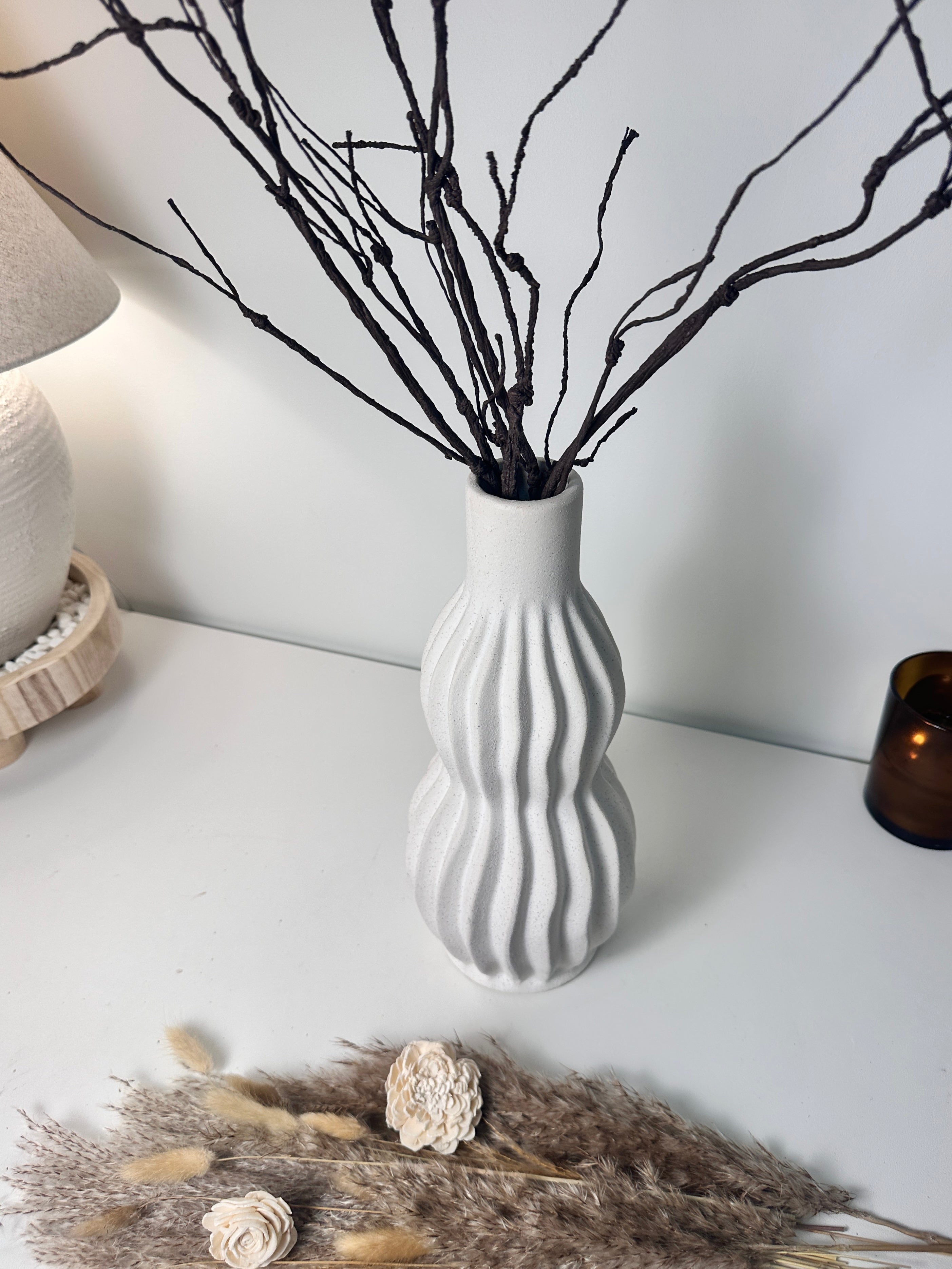 Minimalist Handcrafted Modern Ceramic Stripes Vase 14" tall  - Off White