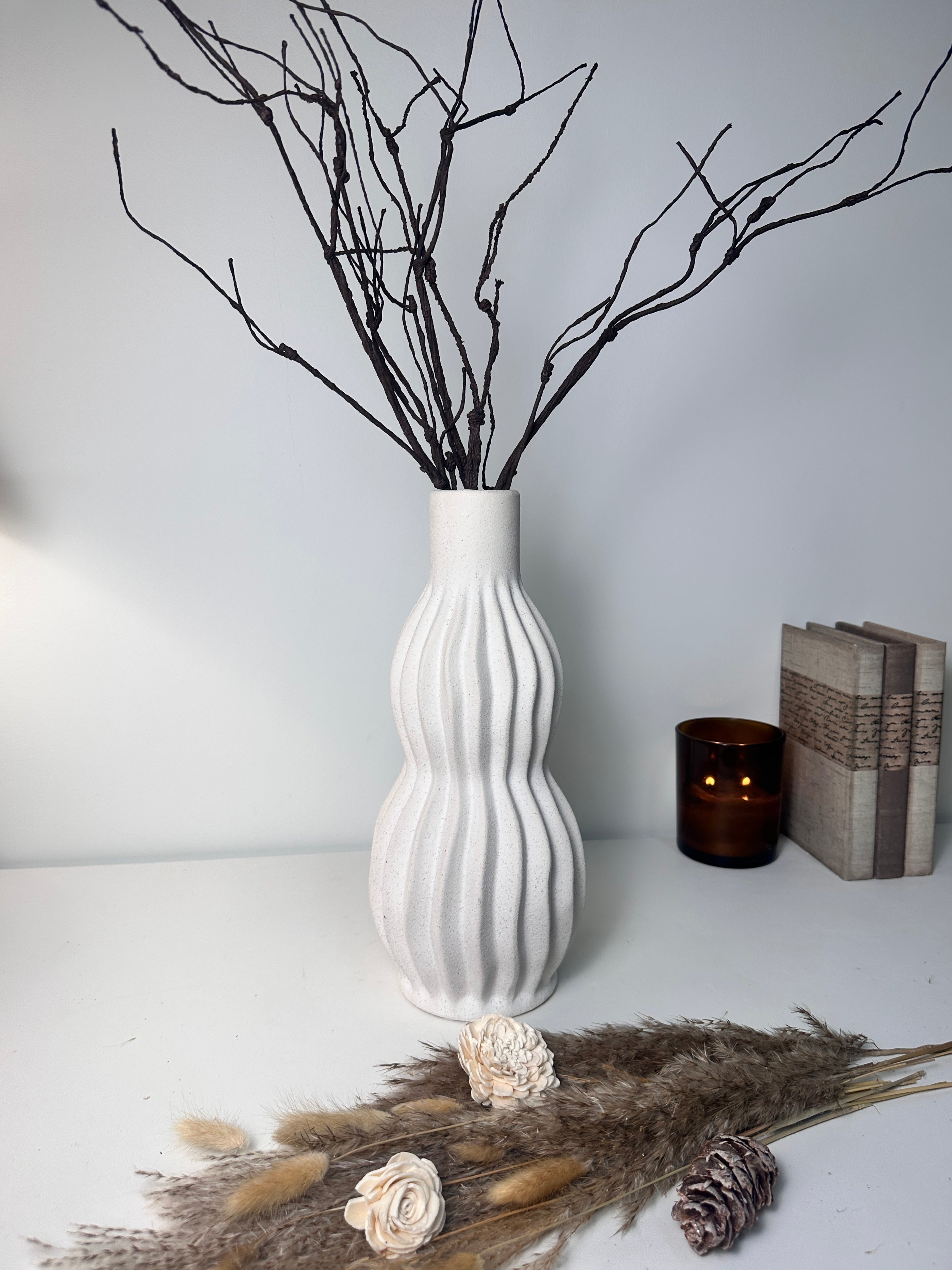 Minimalist Handcrafted Modern Ceramic Stripes Vase 14" tall  - Off White