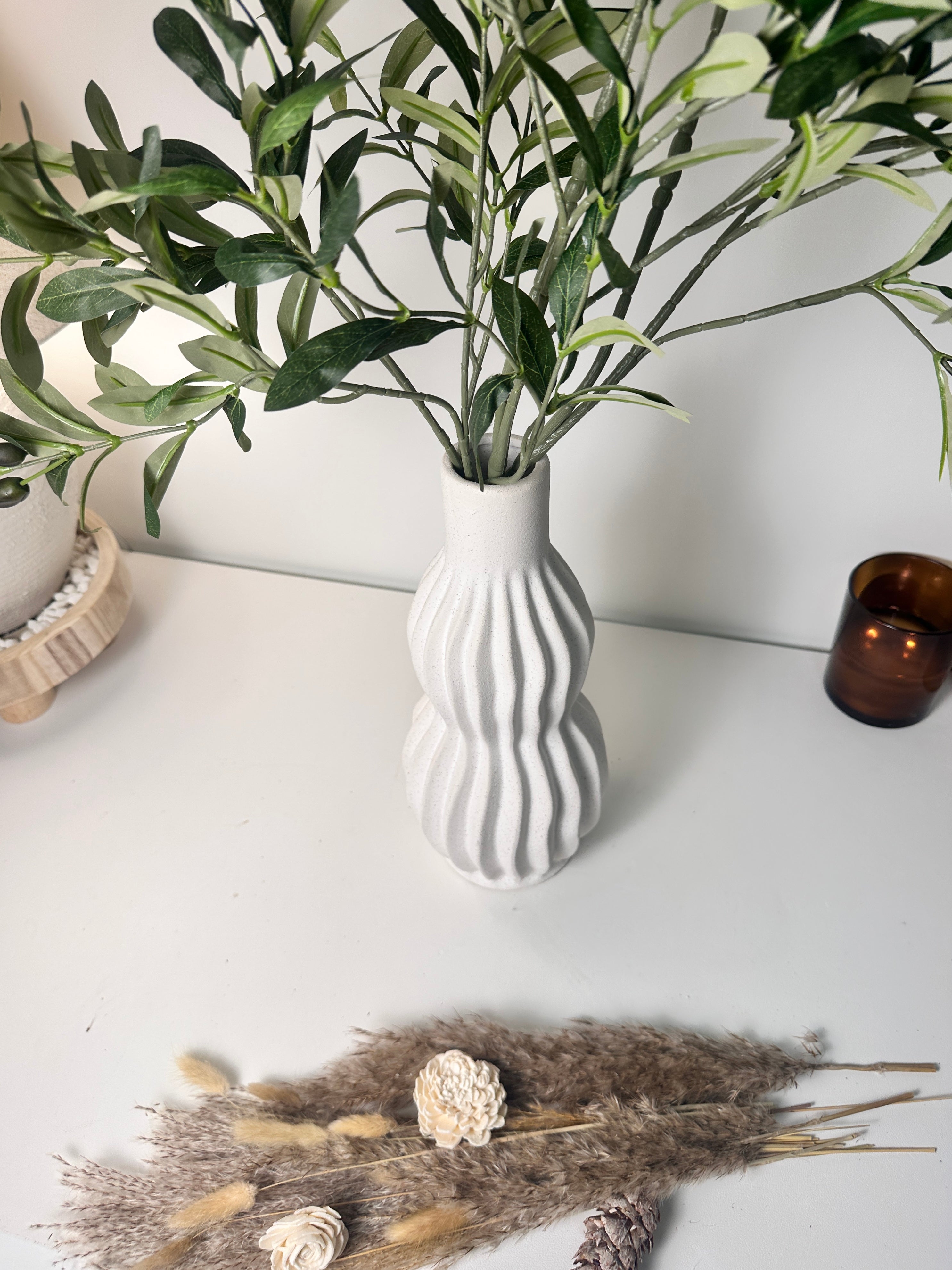 Minimalist Handcrafted Modern Ceramic Stripes Vase 14" tall  - Off White