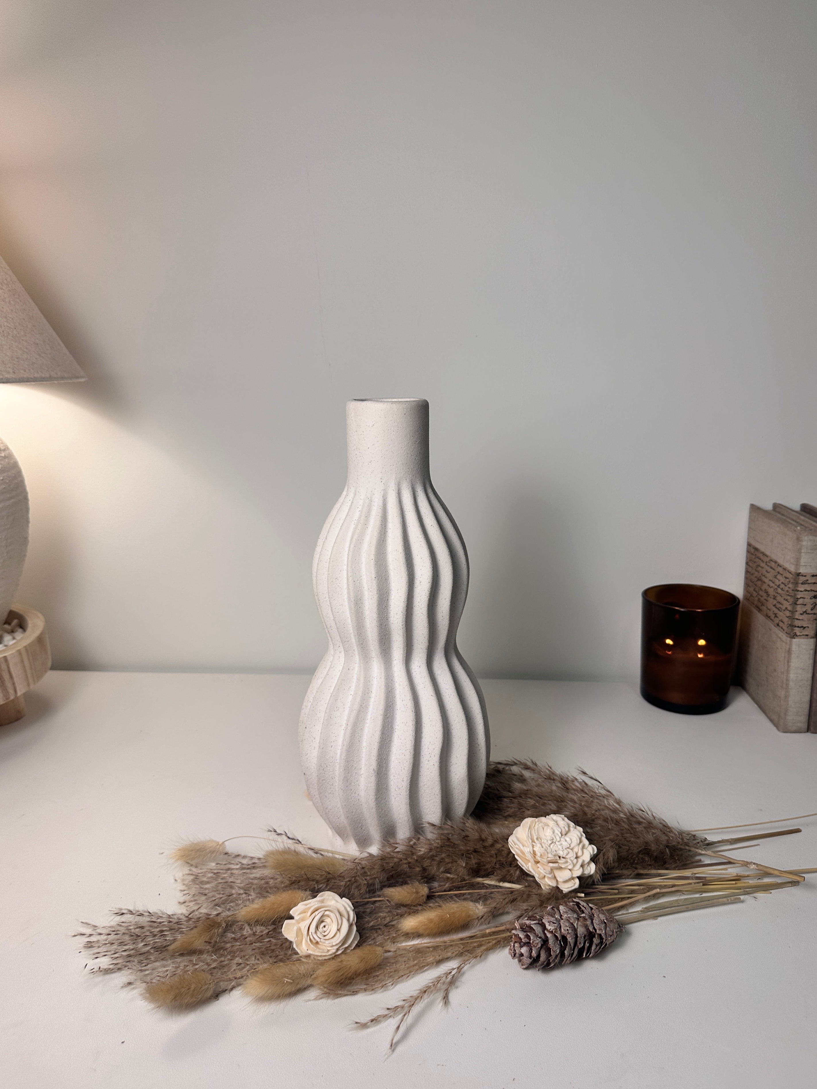 Minimalist Handcrafted Modern Ceramic Stripes Vase 14" tall  - Off White