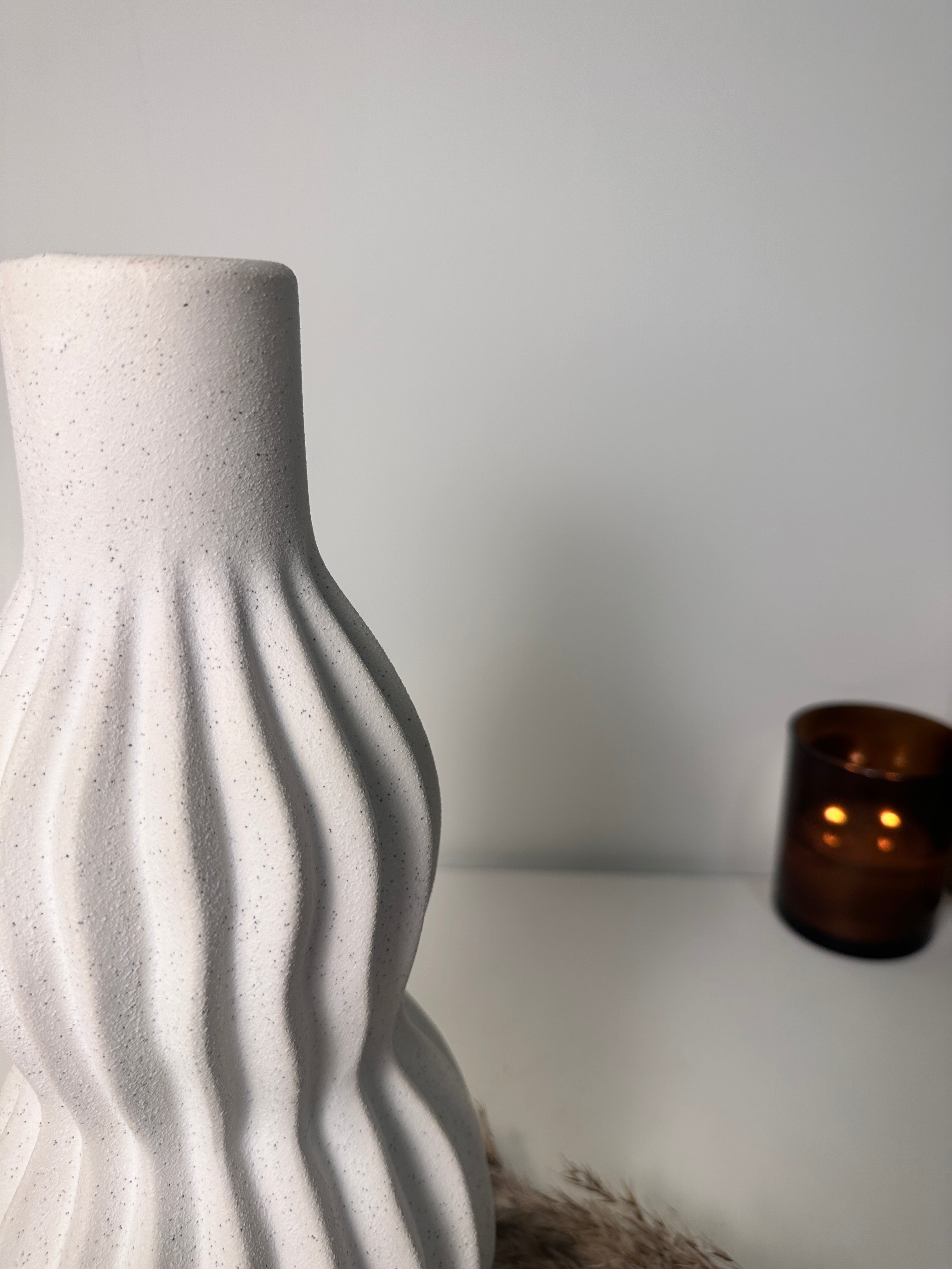 Minimalist Handcrafted Modern Ceramic Stripes Vase 14" tall  - Off White