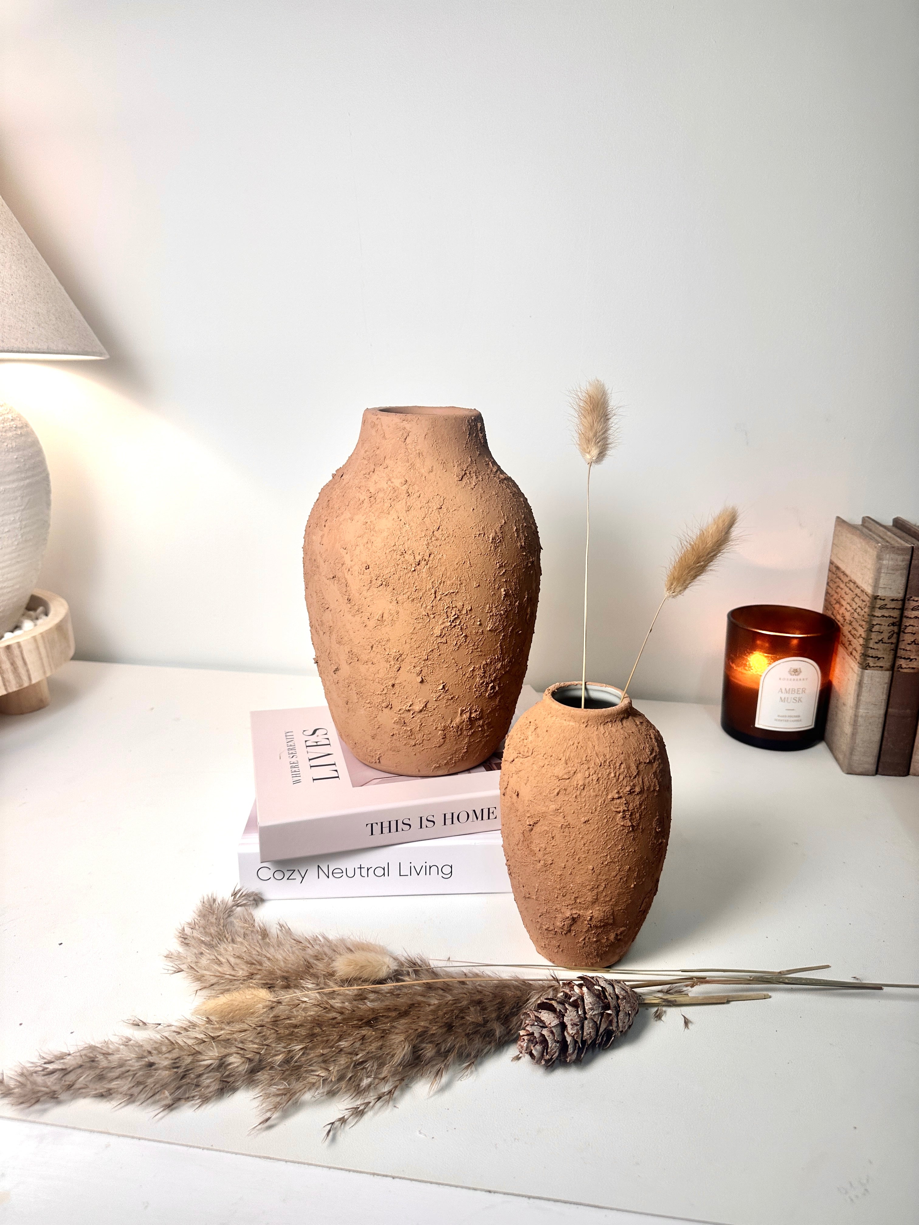 Rustic Ceramic Vase Textured Handcrafted 10" tall - Terracotta Brown