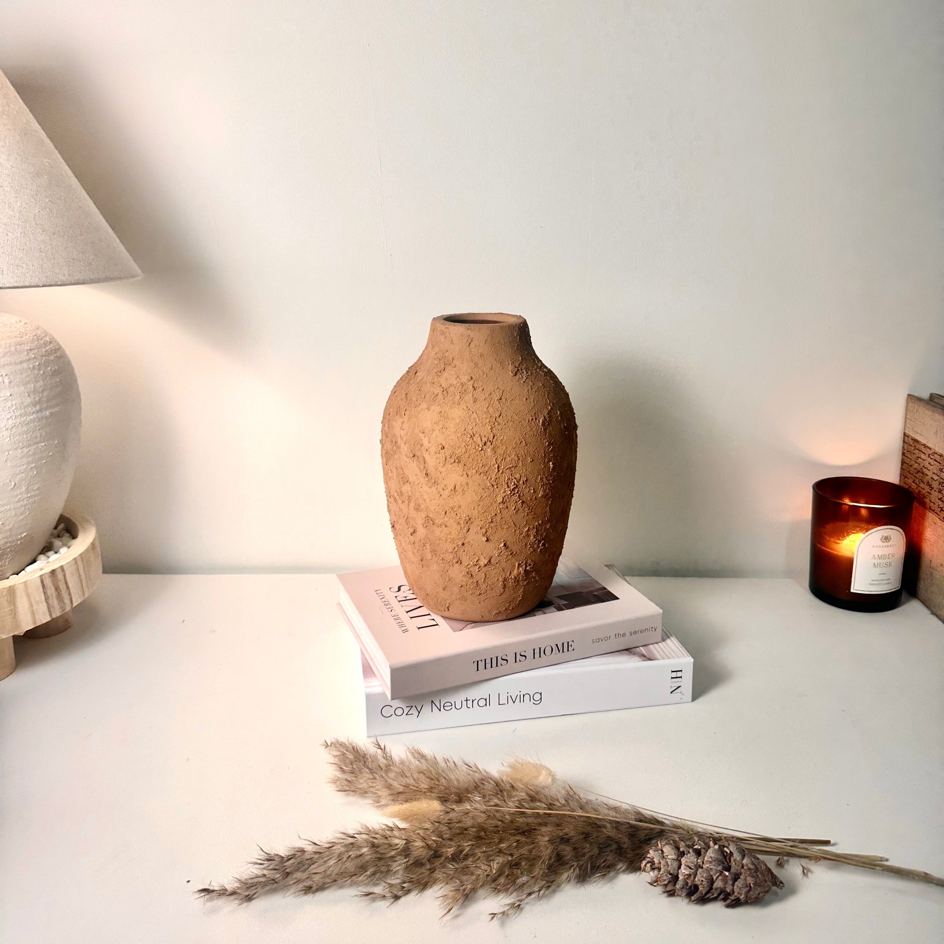 Rustic Ceramic Vase Textured Handcrafted 10" tall - Terracotta Brown