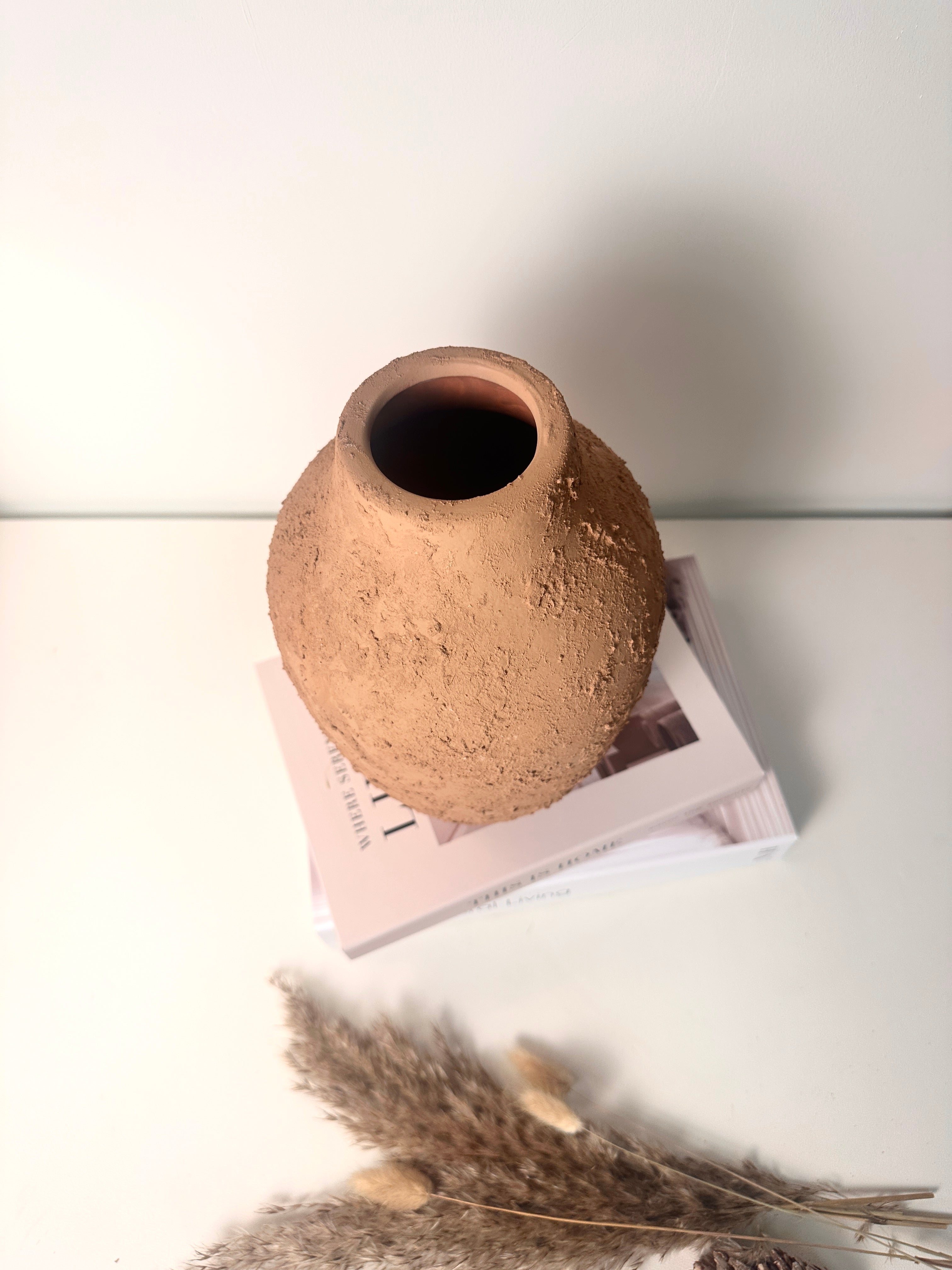 Rustic Ceramic Vase Textured Handcrafted 10" tall - Terracotta Brown